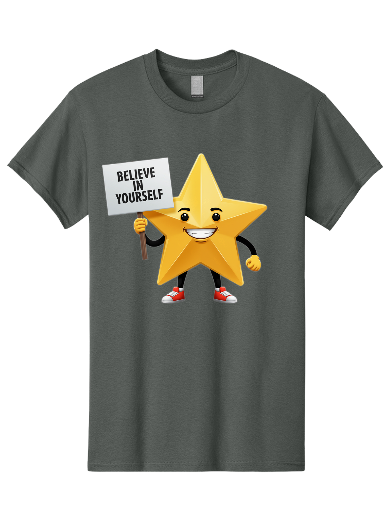 Believe-In-Yourself-6 Men'S Graphic Tee, 100% Cotton, Comfortable Casual Summer Wear, Machine Washable, Motivational Star, Inspirational Quote, Positive Message, Self-Confidence Booster, Cartoon Character, Yellow Star, Red Sneakers, Bae132