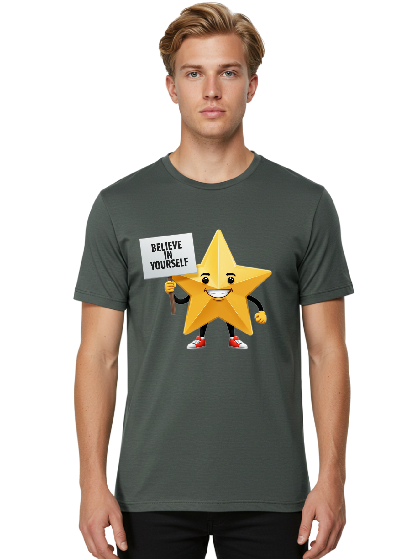Believe-In-Yourself-6 Men'S Graphic Tee, 100% Cotton, Comfortable Casual Summer Wear, Machine Washable, Motivational Star, Inspirational Quote, Positive Message, Self-Confidence Booster, Cartoon Character, Yellow Star, Red Sneakers, Bae132