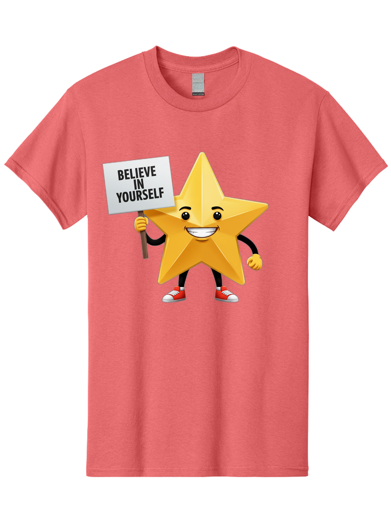 Believe-In-Yourself-6 Men'S Graphic Tee, 100% Cotton, Comfortable Casual Summer Wear, Machine Washable, Motivational Star, Inspirational Quote, Positive Message, Self-Confidence Booster, Cartoon Character, Yellow Star, Red Sneakers, Bae132