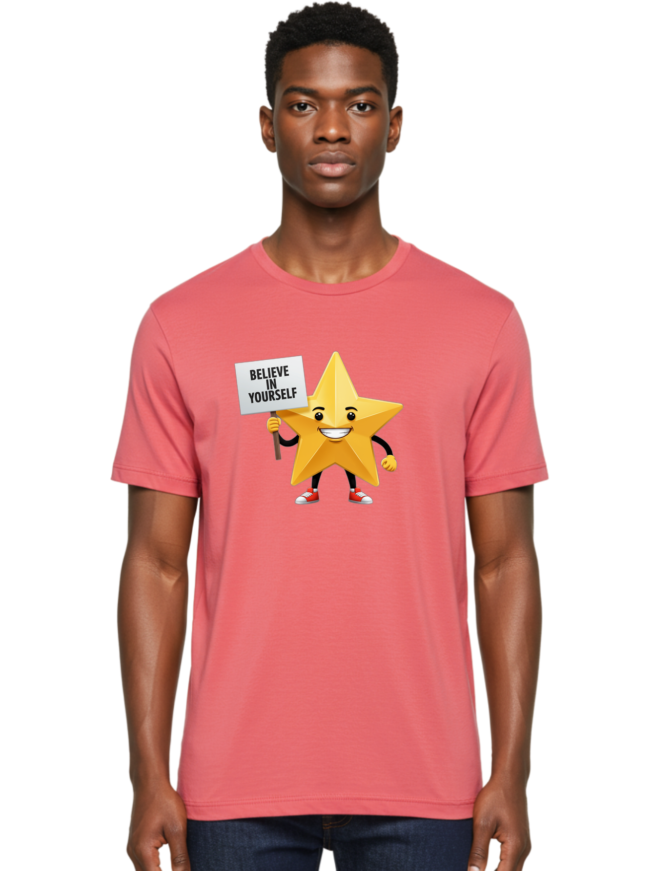 Believe-In-Yourself-6 Men'S Graphic Tee, 100% Cotton, Comfortable Casual Summer Wear, Machine Washable, Motivational Star, Inspirational Quote, Positive Message, Self-Confidence Booster, Cartoon Character, Yellow Star, Red Sneakers, Bae132