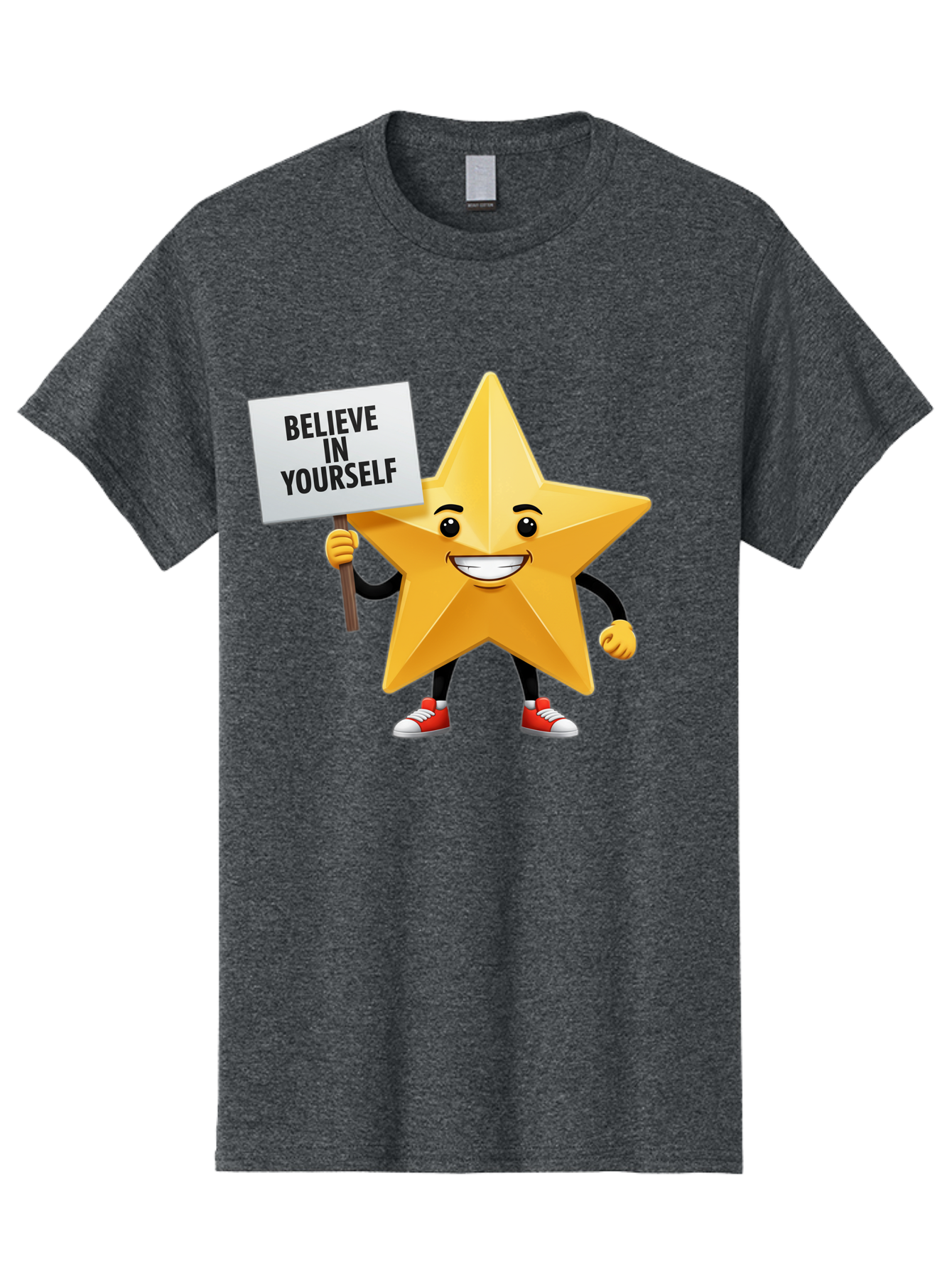 Believe-In-Yourself-6 Men'S Graphic Tee, 100% Cotton, Comfortable Casual Summer Wear, Machine Washable, Motivational Star, Inspirational Quote, Positive Message, Self-Confidence Booster, Cartoon Character, Yellow Star, Red Sneakers, Bae132