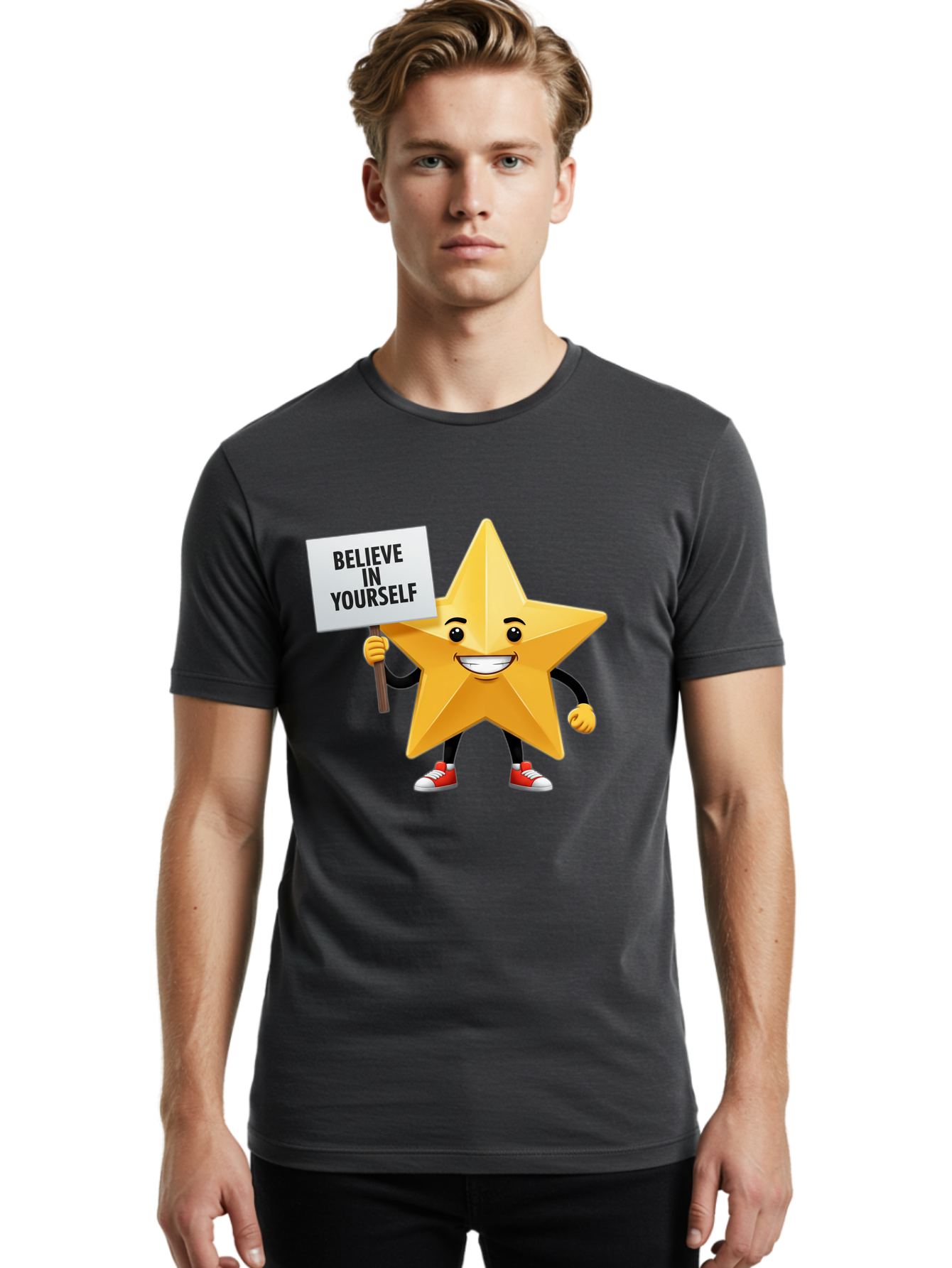 Believe-In-Yourself-6 Men'S Graphic Tee, 100% Cotton, Comfortable Casual Summer Wear, Machine Washable, Motivational Star, Inspirational Quote, Positive Message, Self-Confidence Booster, Cartoon Character, Yellow Star, Red Sneakers, Bae132