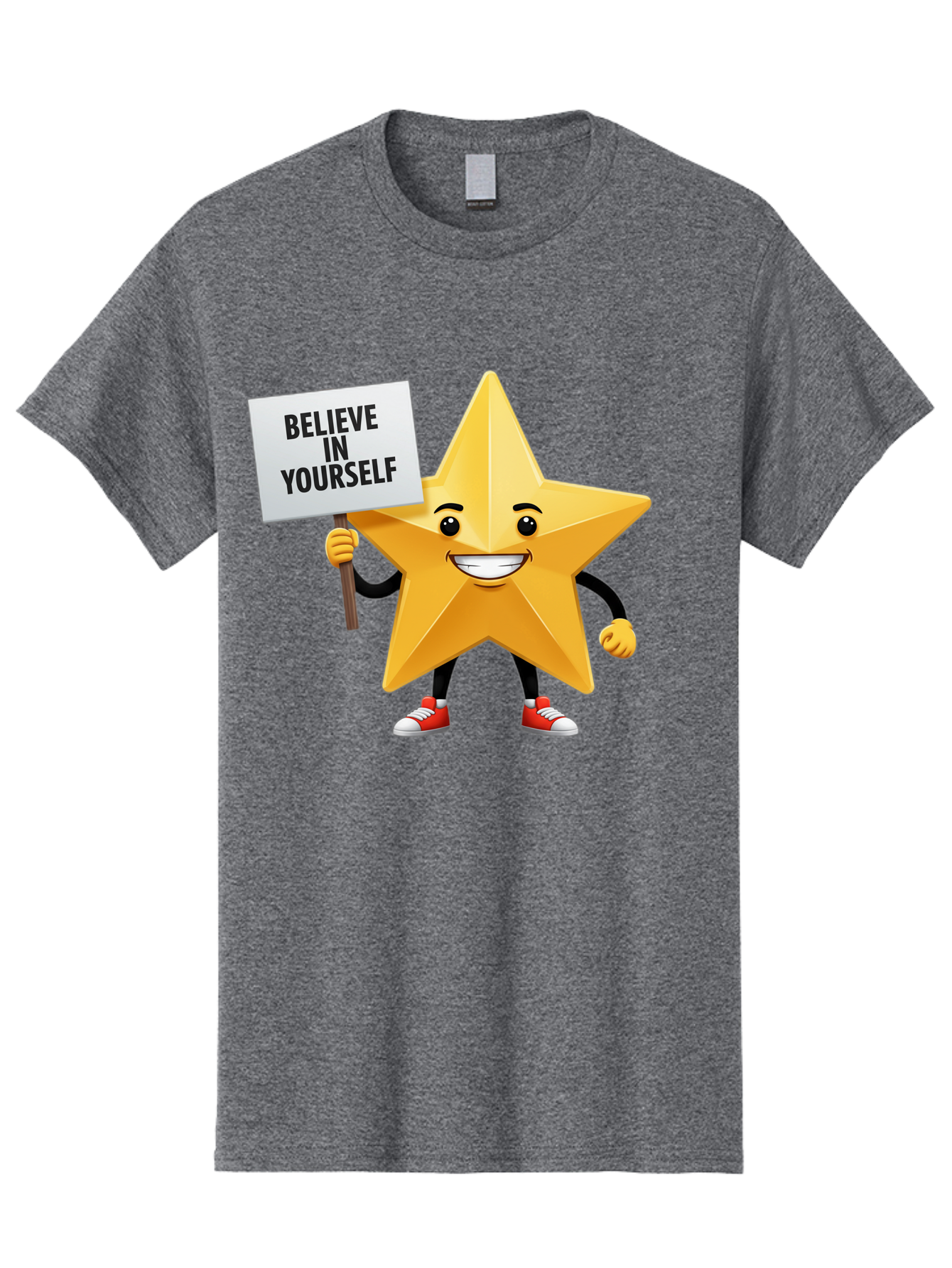 Believe-In-Yourself-6 Men'S Graphic Tee, 100% Cotton, Comfortable Casual Summer Wear, Machine Washable, Motivational Star, Inspirational Quote, Positive Message, Self-Confidence Booster, Cartoon Character, Yellow Star, Red Sneakers, Bae132