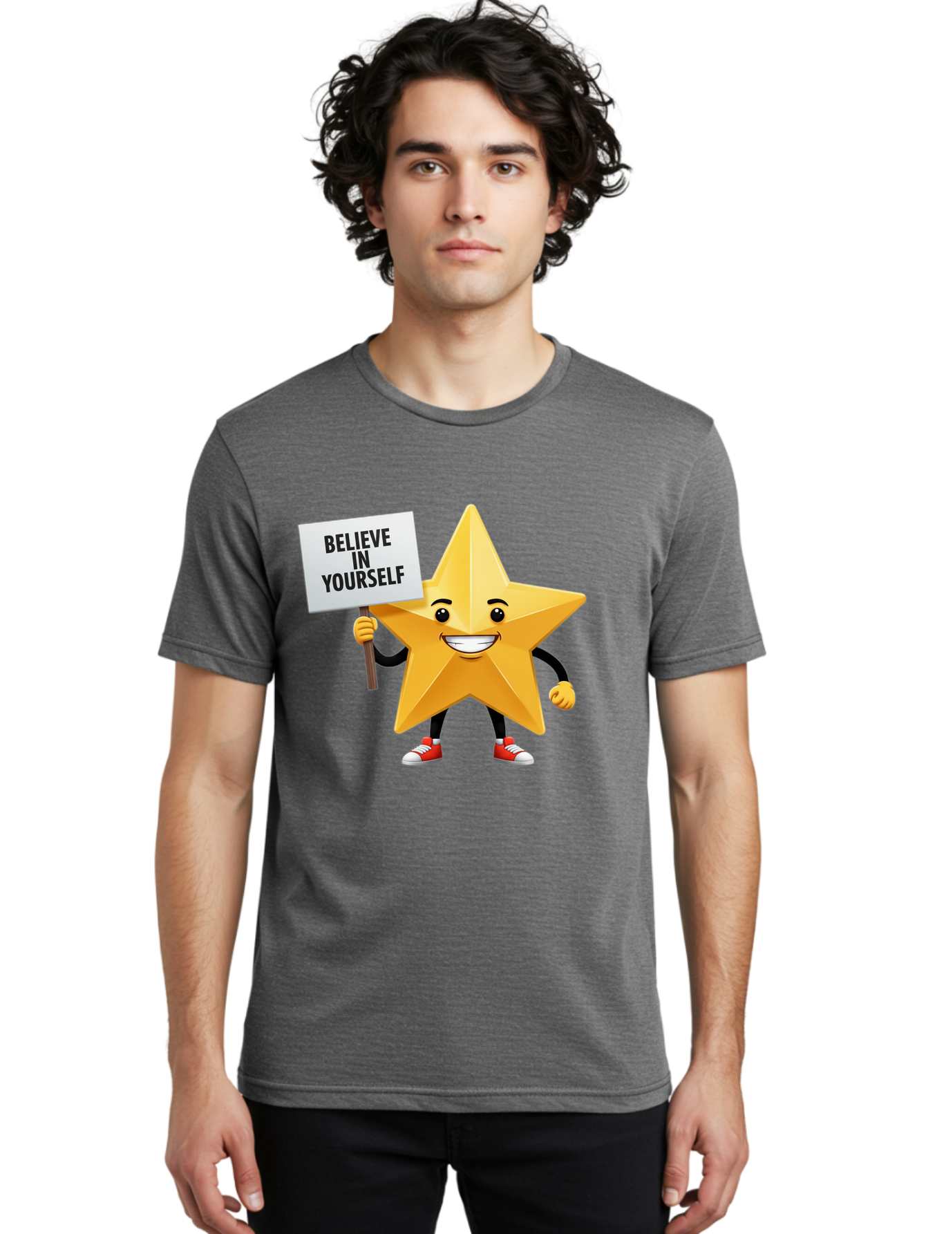 Believe-In-Yourself-6 Men'S Graphic Tee, 100% Cotton, Comfortable Casual Summer Wear, Machine Washable, Motivational Star, Inspirational Quote, Positive Message, Self-Confidence Booster, Cartoon Character, Yellow Star, Red Sneakers, Bae132