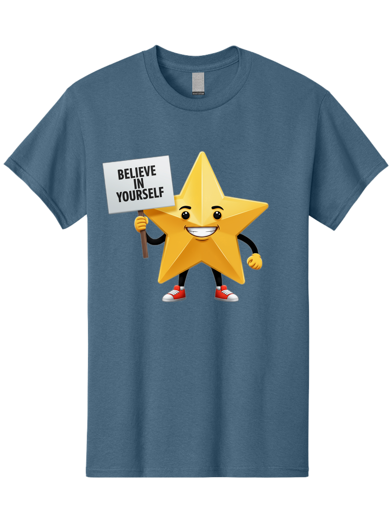 Believe-In-Yourself-6 Men'S Graphic Tee, 100% Cotton, Comfortable Casual Summer Wear, Machine Washable, Motivational Star, Inspirational Quote, Positive Message, Self-Confidence Booster, Cartoon Character, Yellow Star, Red Sneakers, Bae132