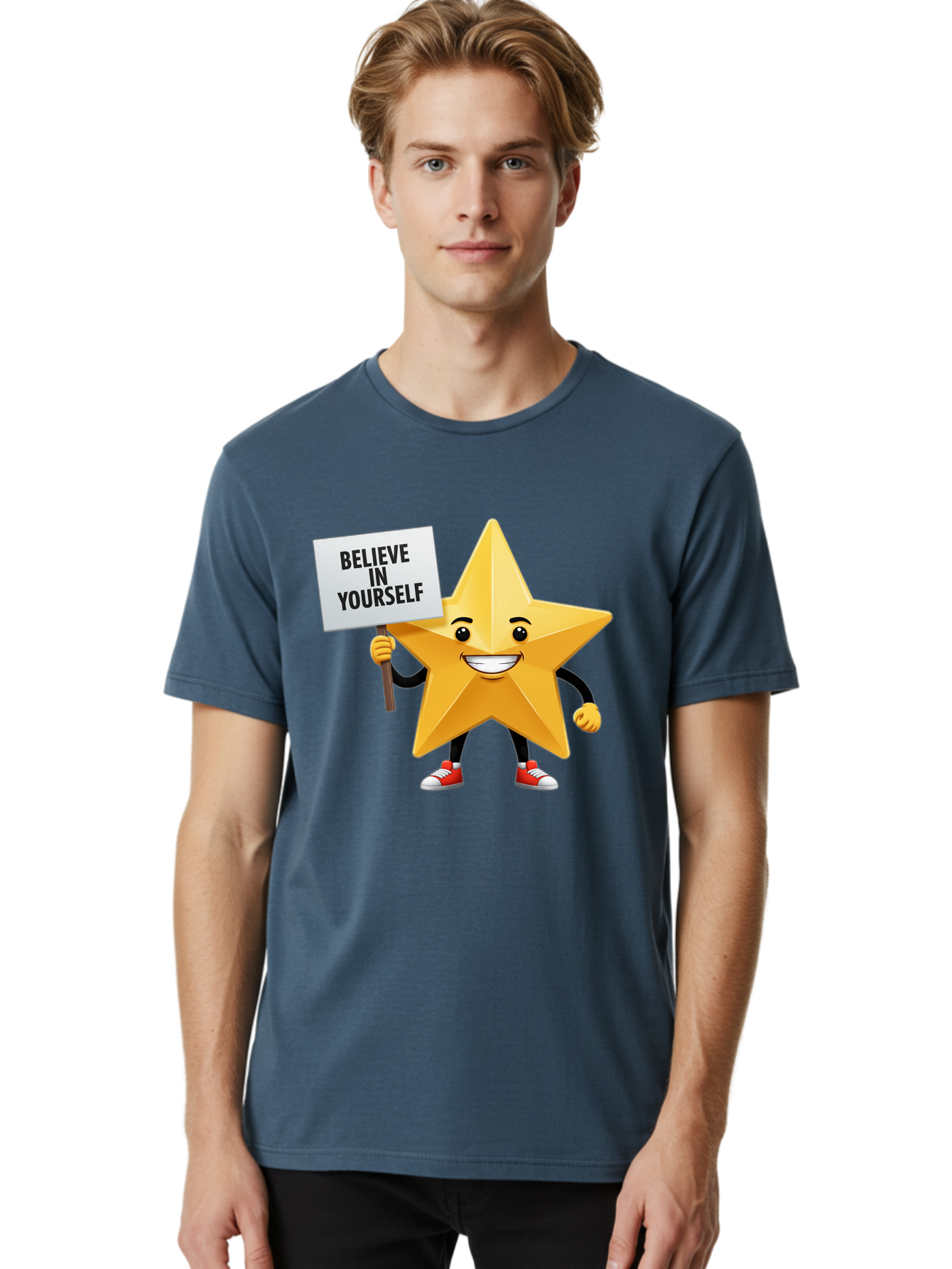 Believe-In-Yourself-6 Men'S Graphic Tee, 100% Cotton, Comfortable Casual Summer Wear, Machine Washable, Motivational Star, Inspirational Quote, Positive Message, Self-Confidence Booster, Cartoon Character, Yellow Star, Red Sneakers, Bae132