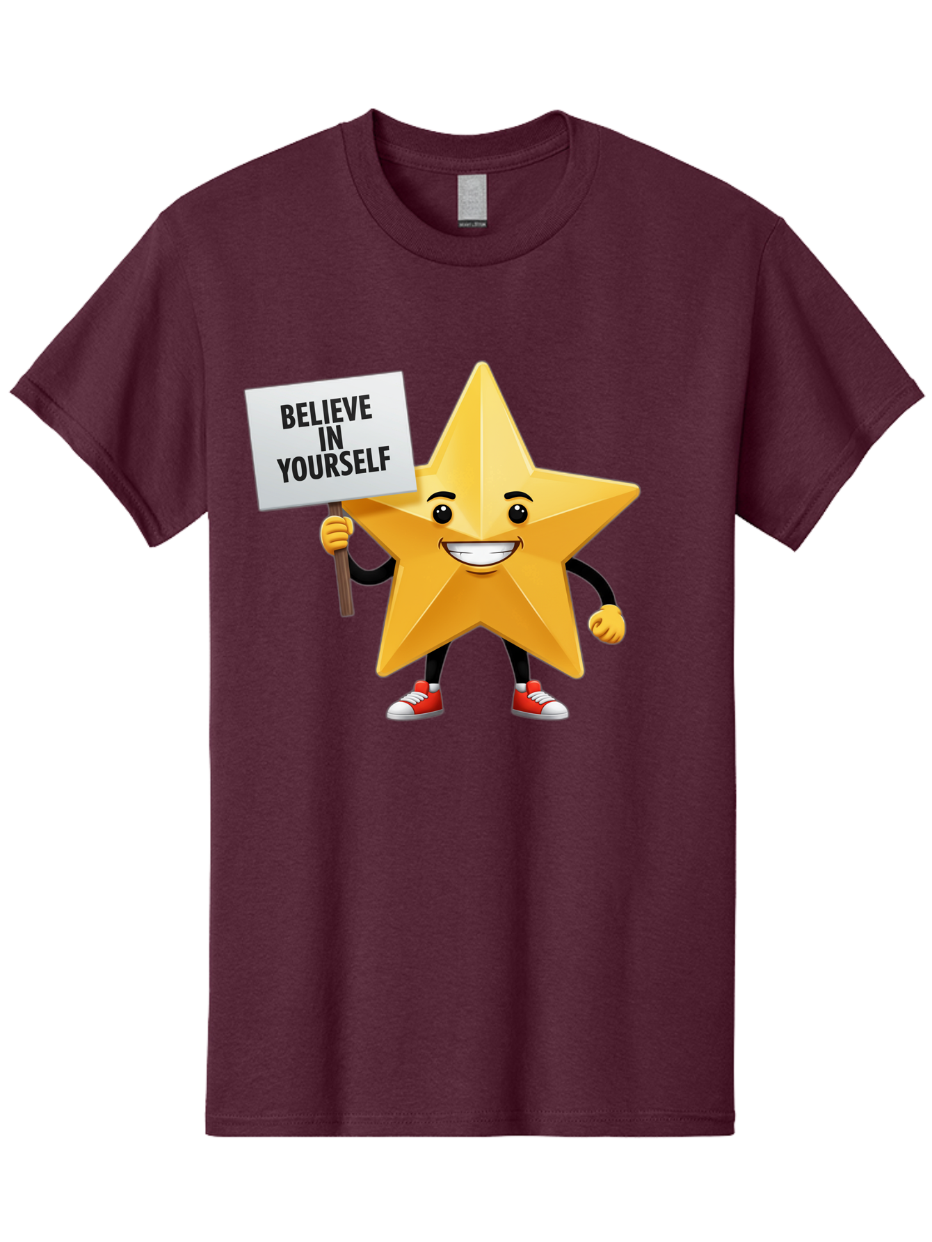 Believe-In-Yourself-6 Men'S Graphic Tee, 100% Cotton, Comfortable Casual Summer Wear, Machine Washable, Motivational Star, Inspirational Quote, Positive Message, Self-Confidence Booster, Cartoon Character, Yellow Star, Red Sneakers, Bae132