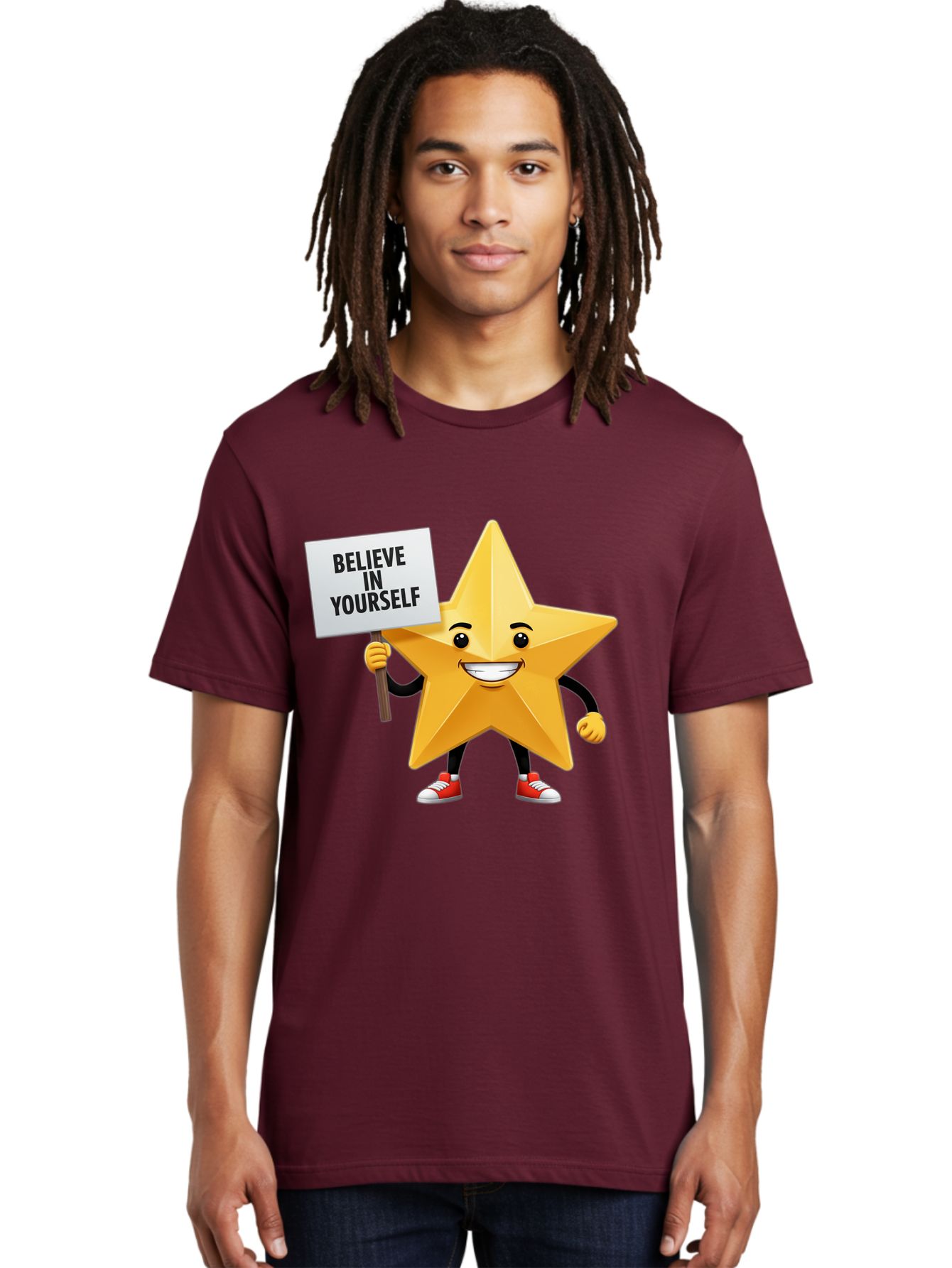 Believe-In-Yourself-6 Men'S Graphic Tee, 100% Cotton, Comfortable Casual Summer Wear, Machine Washable, Motivational Star, Inspirational Quote, Positive Message, Self-Confidence Booster, Cartoon Character, Yellow Star, Red Sneakers, Bae132
