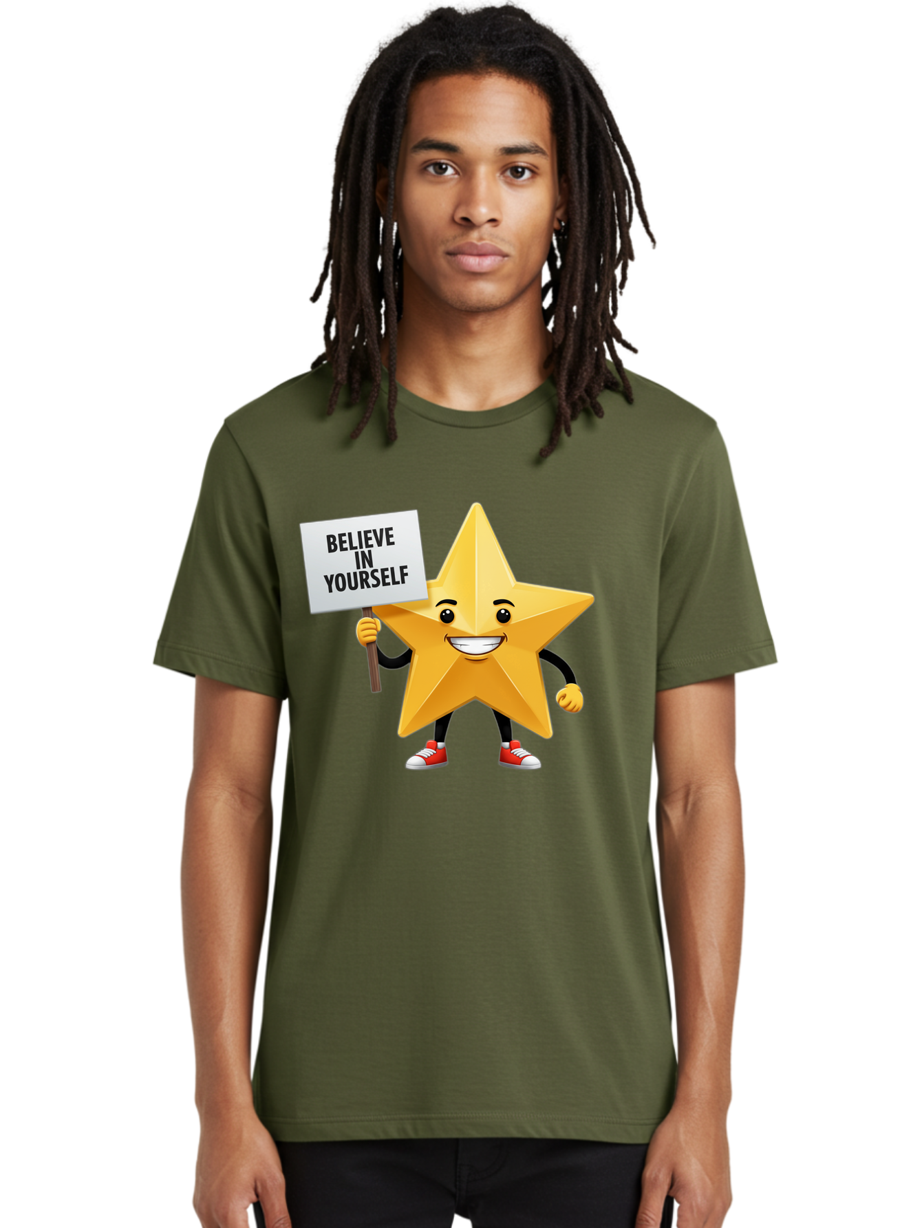 Believe-In-Yourself-6 Men'S Graphic Tee, 100% Cotton, Comfortable Casual Summer Wear, Machine Washable, Motivational Star, Inspirational Quote, Positive Message, Self-Confidence Booster, Cartoon Character, Yellow Star, Red Sneakers, Bae132
