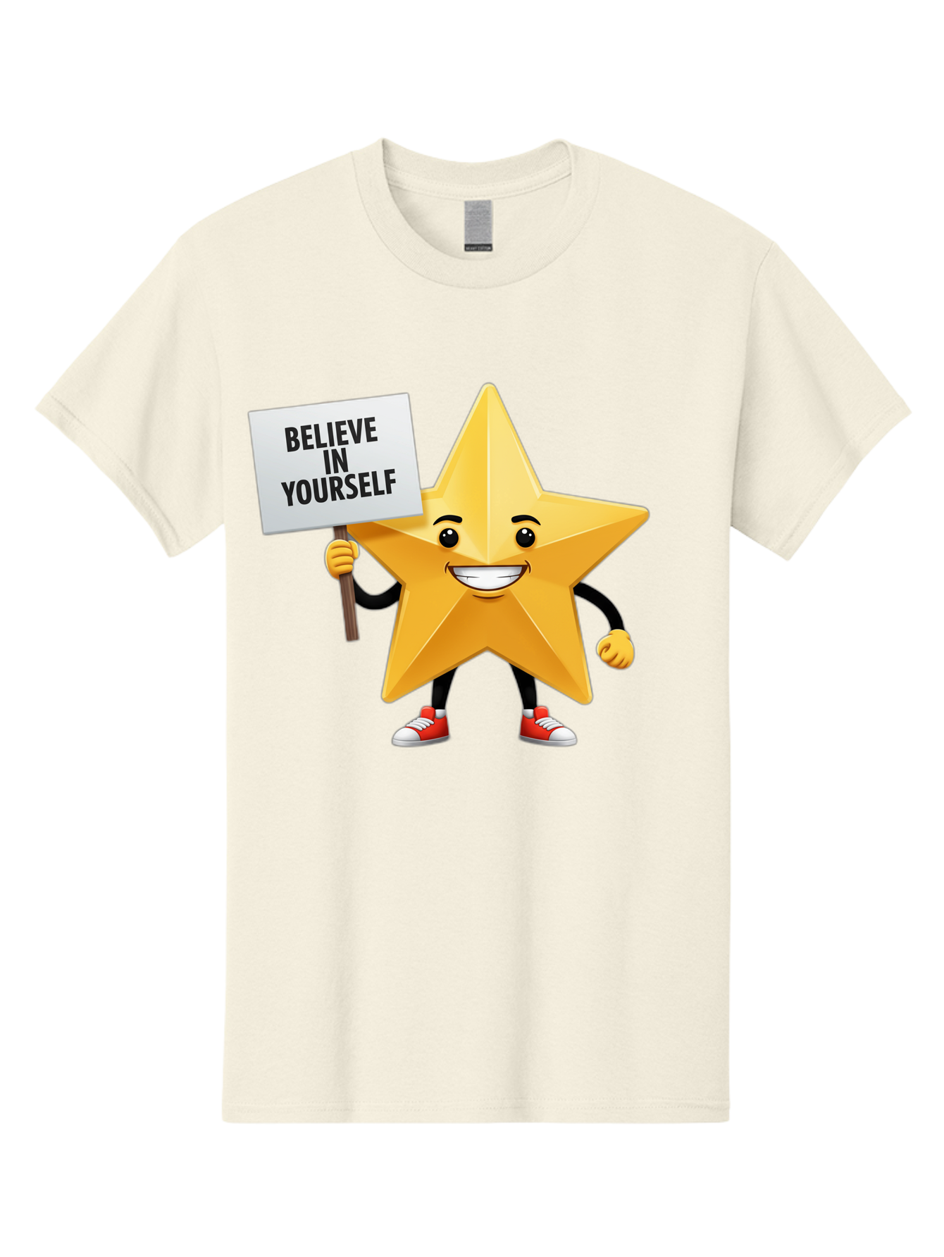 Believe-In-Yourself-6 Men'S Graphic Tee, 100% Cotton, Comfortable Casual Summer Wear, Machine Washable, Motivational Star, Inspirational Quote, Positive Message, Self-Confidence Booster, Cartoon Character, Yellow Star, Red Sneakers, Bae132