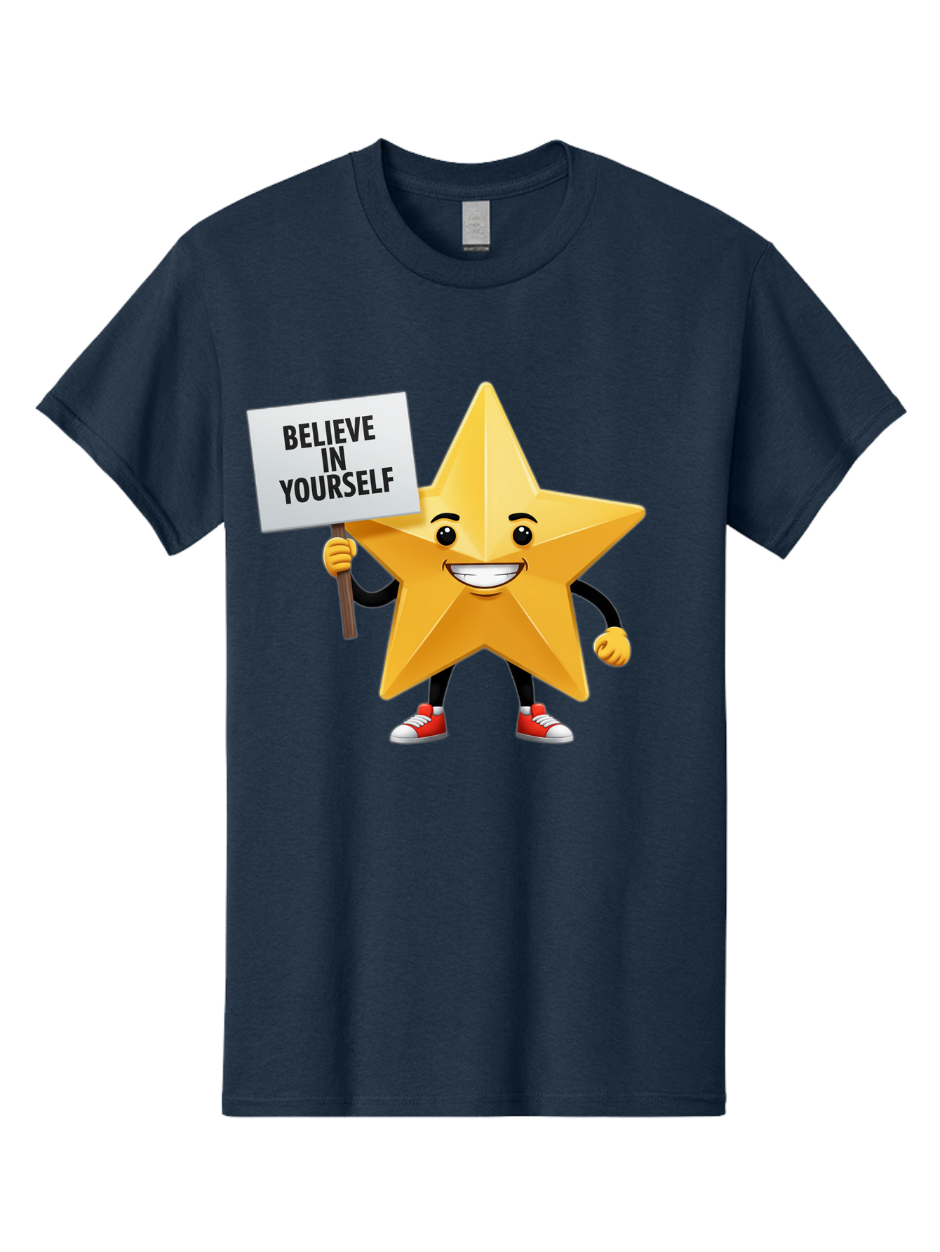 Believe-In-Yourself-6 Men'S Graphic Tee, 100% Cotton, Comfortable Casual Summer Wear, Machine Washable, Motivational Star, Inspirational Quote, Positive Message, Self-Confidence Booster, Cartoon Character, Yellow Star, Red Sneakers, Bae132