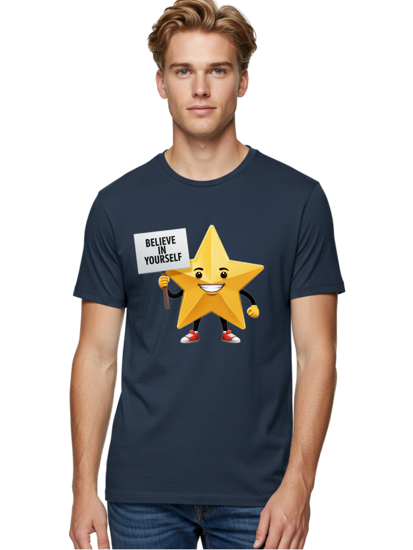 Believe-In-Yourself-6 Men'S Graphic Tee, 100% Cotton, Comfortable Casual Summer Wear, Machine Washable, Motivational Star, Inspirational Quote, Positive Message, Self-Confidence Booster, Cartoon Character, Yellow Star, Red Sneakers, Bae132