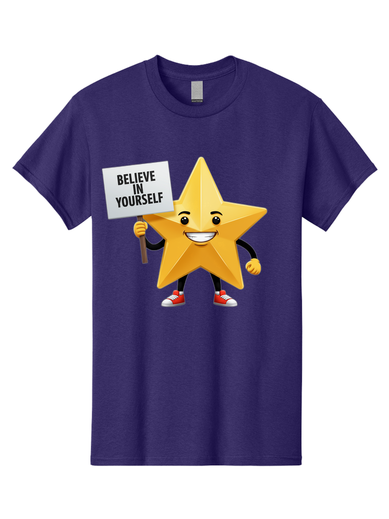 Believe-In-Yourself-6 Men'S Graphic Tee, 100% Cotton, Comfortable Casual Summer Wear, Machine Washable, Motivational Star, Inspirational Quote, Positive Message, Self-Confidence Booster, Cartoon Character, Yellow Star, Red Sneakers, Bae132