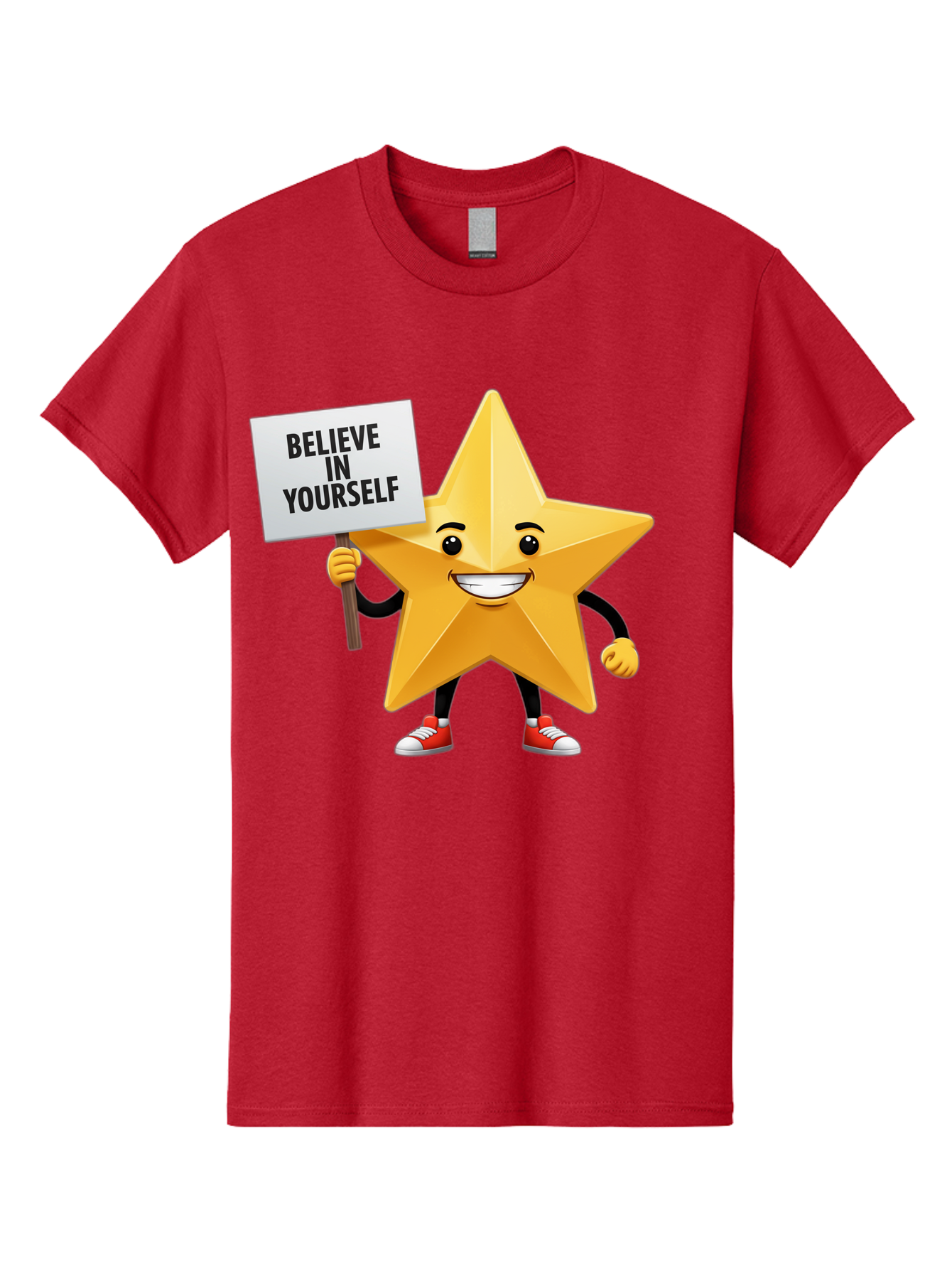 Believe-In-Yourself-6 Men'S Graphic Tee, 100% Cotton, Comfortable Casual Summer Wear, Machine Washable, Motivational Star, Inspirational Quote, Positive Message, Self-Confidence Booster, Cartoon Character, Yellow Star, Red Sneakers, Bae132