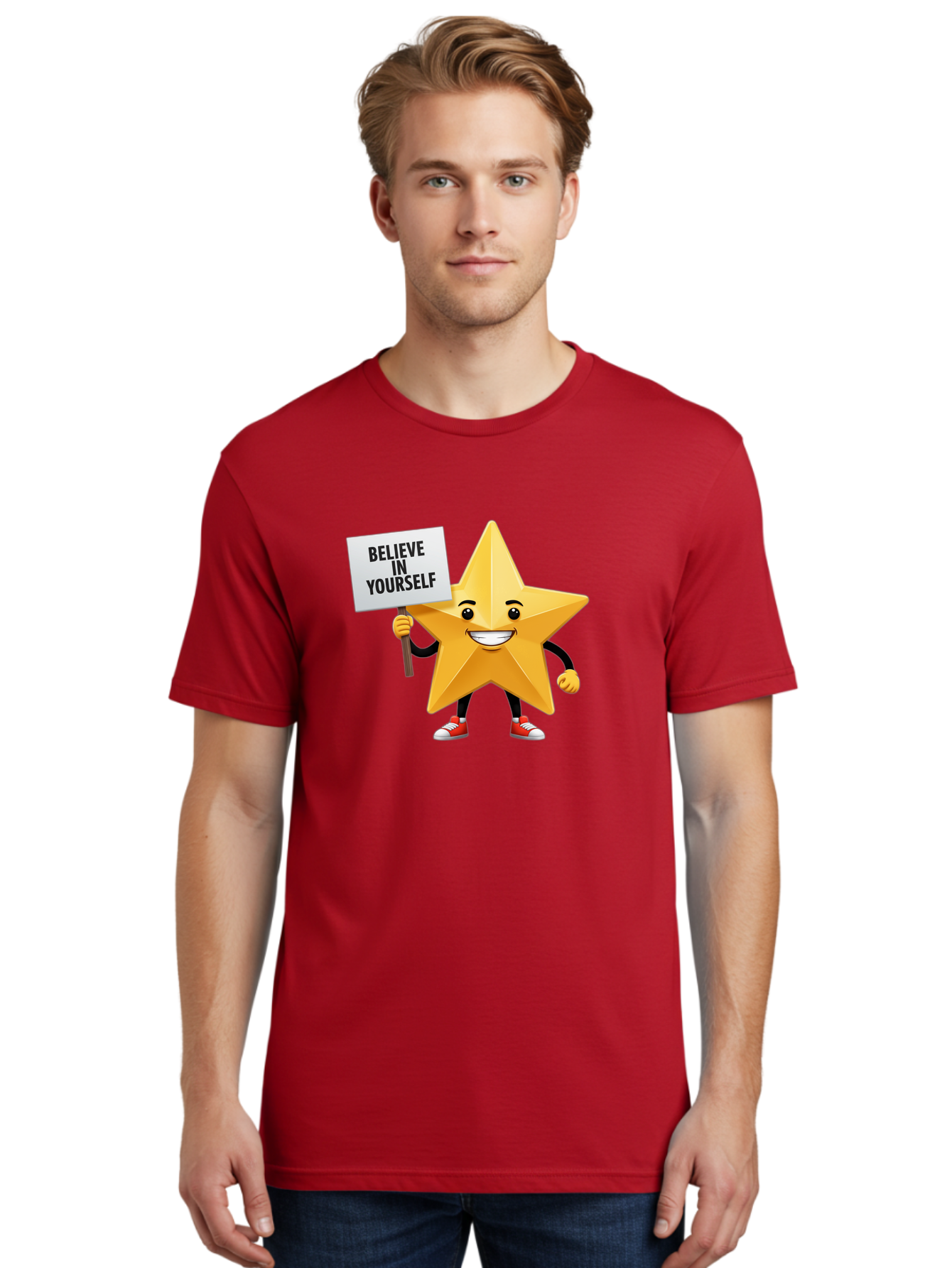 Believe-In-Yourself-6 Men'S Graphic Tee, 100% Cotton, Comfortable Casual Summer Wear, Machine Washable, Motivational Star, Inspirational Quote, Positive Message, Self-Confidence Booster, Cartoon Character, Yellow Star, Red Sneakers, Bae132