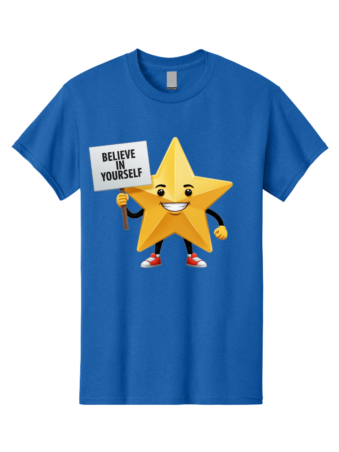 Believe-In-Yourself-6 Men'S Graphic Tee, 100% Cotton, Comfortable Casual Summer Wear, Machine Washable, Motivational Star, Inspirational Quote, Positive Message, Self-Confidence Booster, Cartoon Character, Yellow Star, Red Sneakers, Bae132