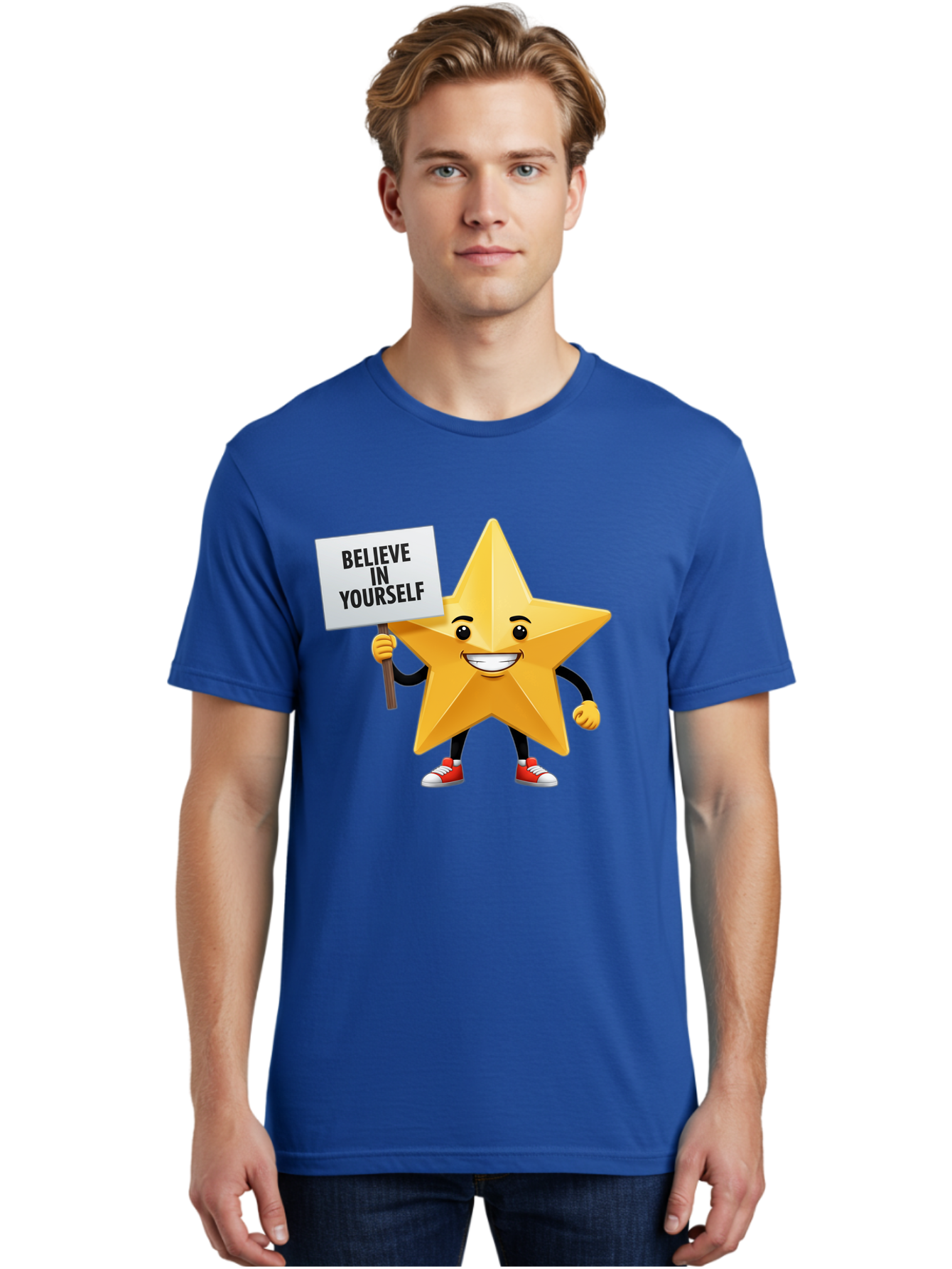 Believe-In-Yourself-6 Men'S Graphic Tee, 100% Cotton, Comfortable Casual Summer Wear, Machine Washable, Motivational Star, Inspirational Quote, Positive Message, Self-Confidence Booster, Cartoon Character, Yellow Star, Red Sneakers, Bae132