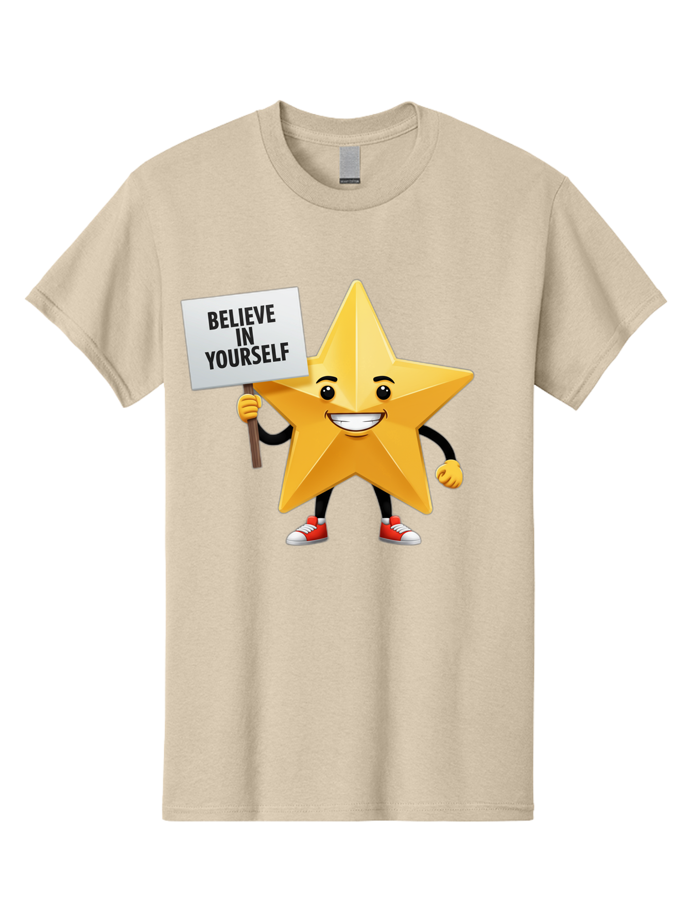 Believe-In-Yourself-6 Men'S Graphic Tee, 100% Cotton, Comfortable Casual Summer Wear, Machine Washable, Motivational Star, Inspirational Quote, Positive Message, Self-Confidence Booster, Cartoon Character, Yellow Star, Red Sneakers, Bae132