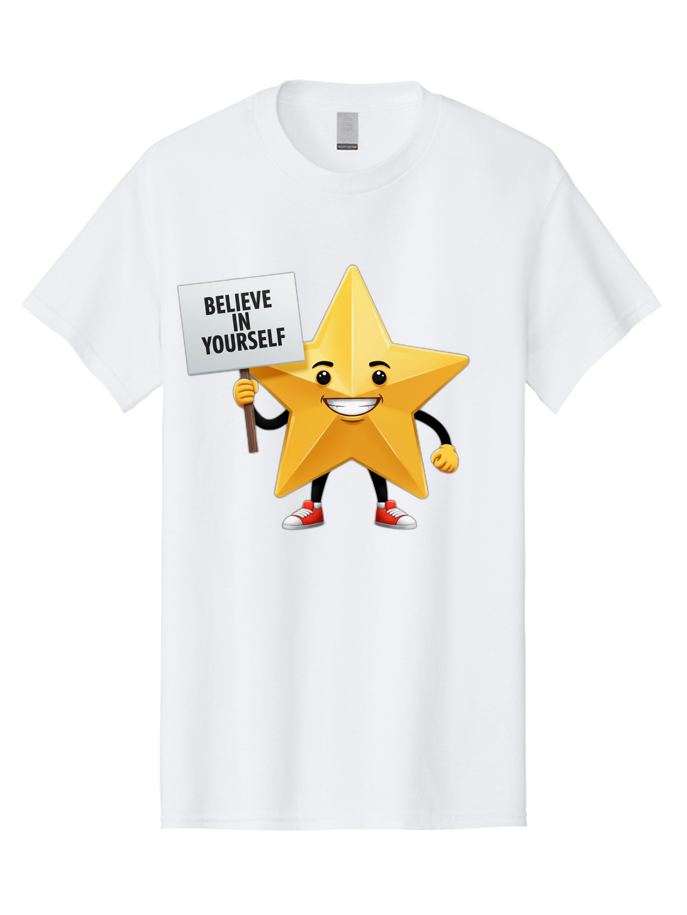 Believe-In-Yourself-6 Men'S Graphic Tee, 100% Cotton, Comfortable Casual Summer Wear, Machine Washable, Motivational Star, Inspirational Quote, Positive Message, Self-Confidence Booster, Cartoon Character, Yellow Star, Red Sneakers, Bae132
