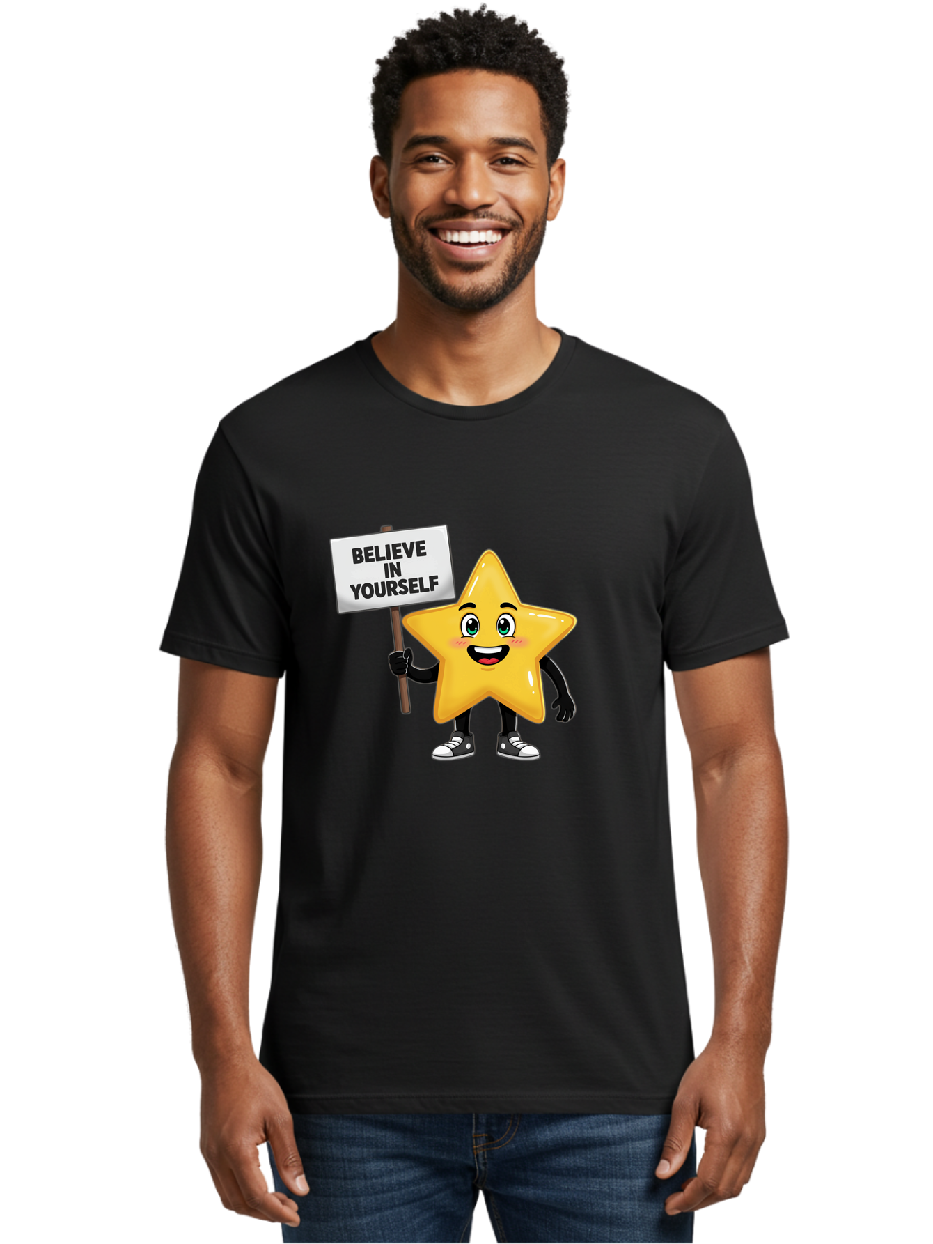 Believe-In-Yourself-7 Men'S Graphic Tee, 100% Cotton, Comfortable Casual Summer Wear, Machine Washable, Motivational Star, Positive Affirmation, Believe In Yourself, Inspirational Quote, Cartoon Character, Yellow Star, Motivational Message, Bae133