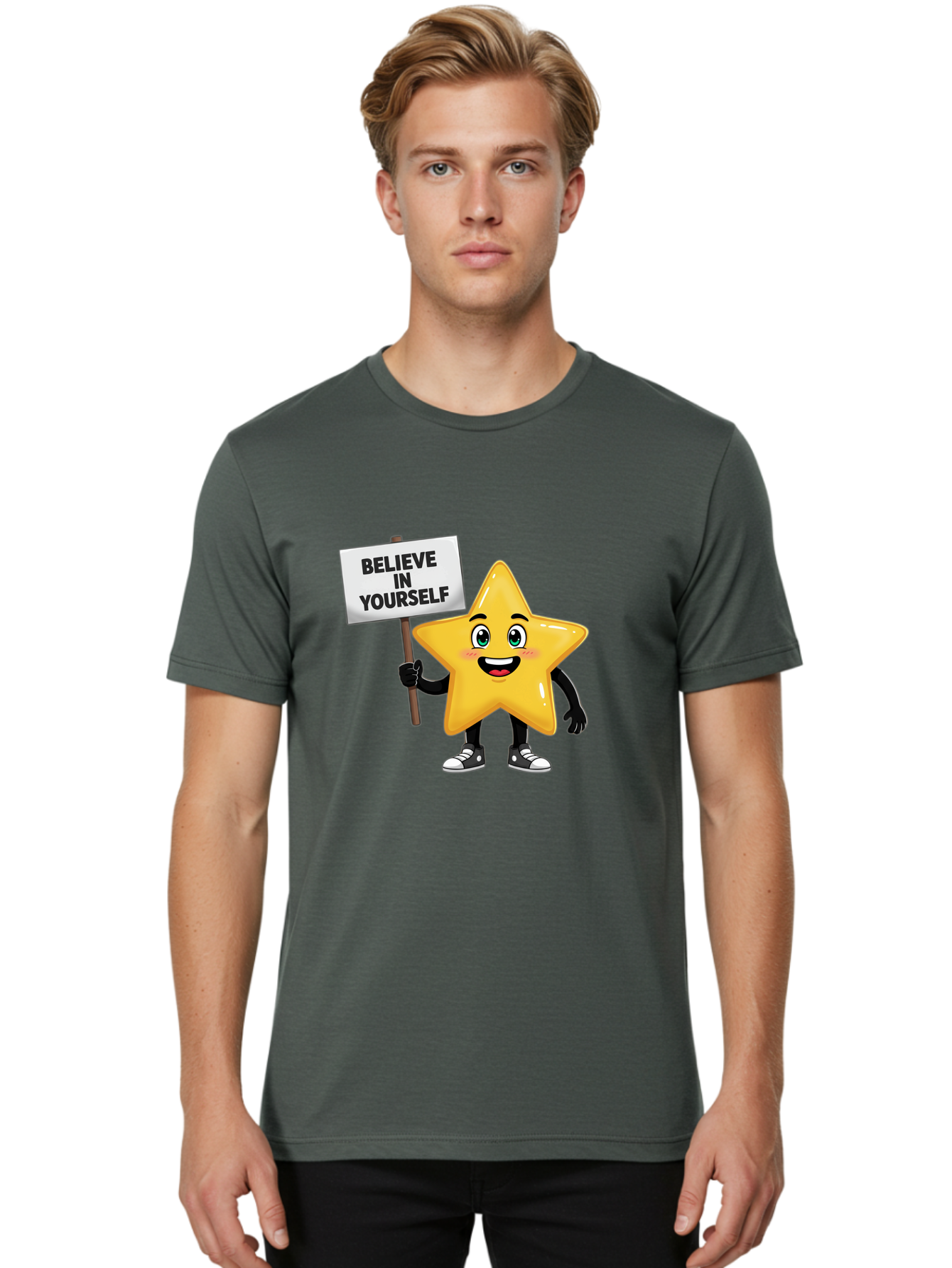 Believe-In-Yourself-7 Men'S Graphic Tee, 100% Cotton, Comfortable Casual Summer Wear, Machine Washable, Motivational Star, Positive Affirmation, Believe In Yourself, Inspirational Quote, Cartoon Character, Yellow Star, Motivational Message, Bae133