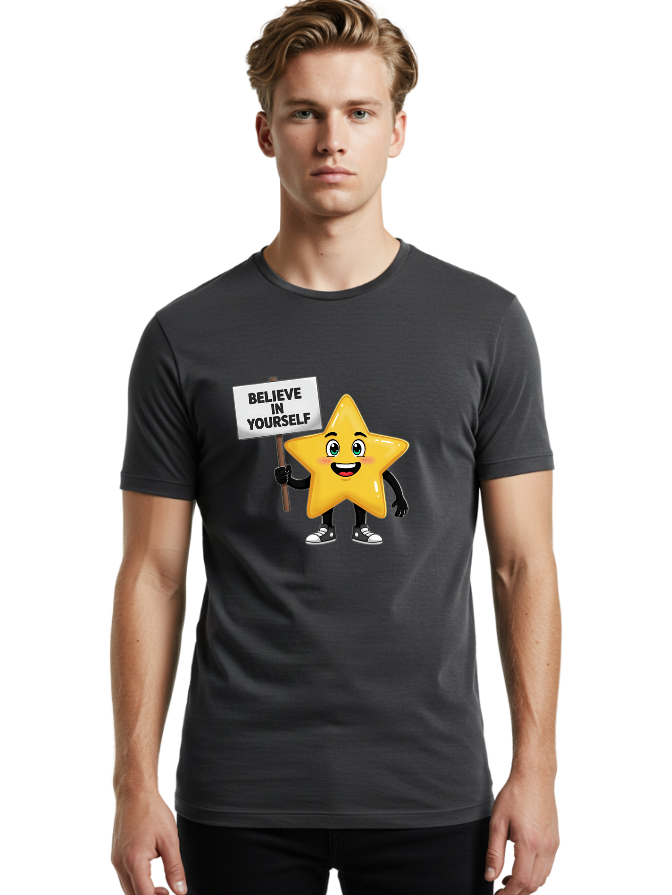 Believe-In-Yourself-7 Men'S Graphic Tee, 100% Cotton, Comfortable Casual Summer Wear, Machine Washable, Motivational Star, Positive Affirmation, Believe In Yourself, Inspirational Quote, Cartoon Character, Yellow Star, Motivational Message, Bae133
