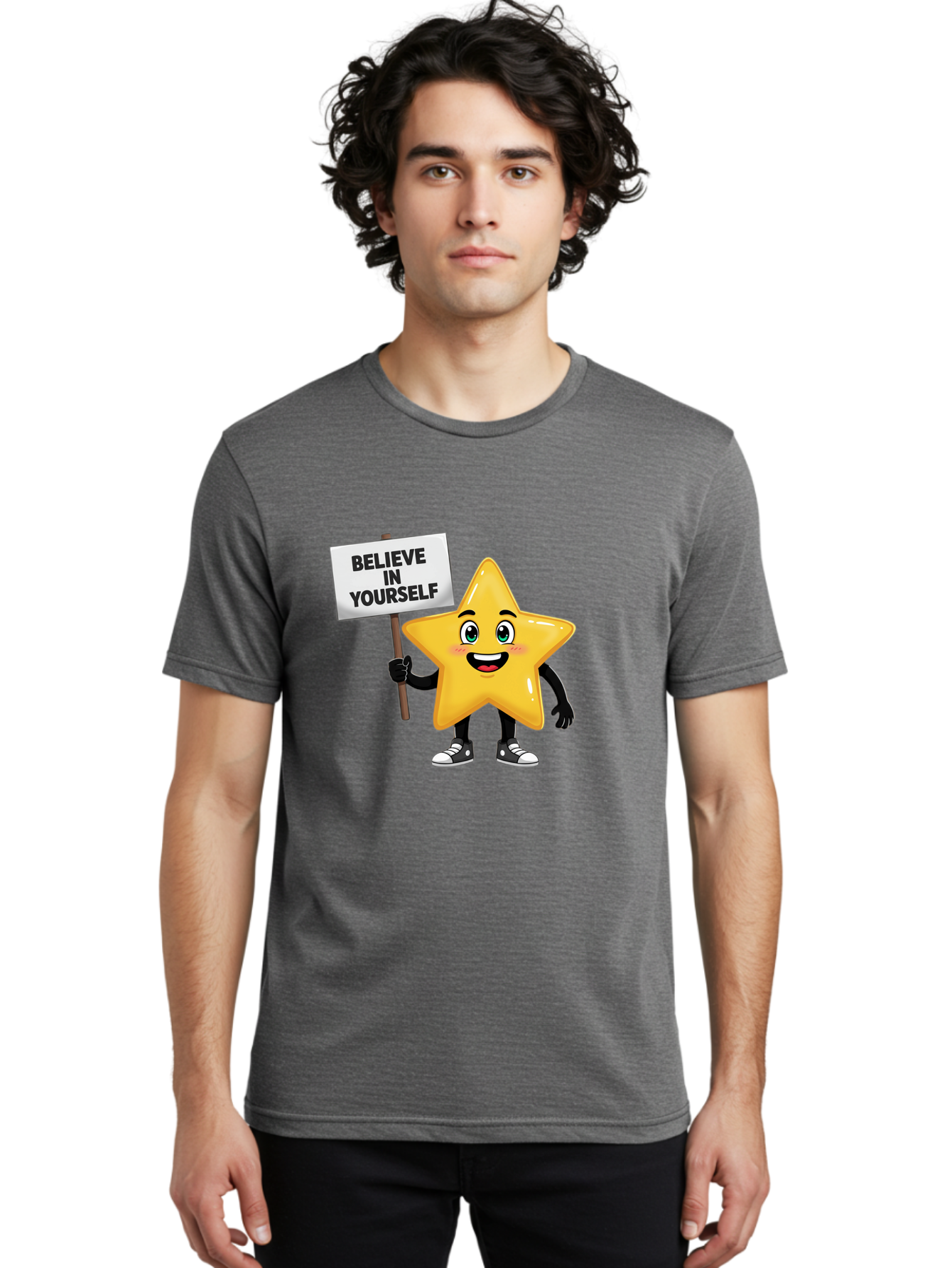 Believe-In-Yourself-7 Men'S Graphic Tee, 100% Cotton, Comfortable Casual Summer Wear, Machine Washable, Motivational Star, Positive Affirmation, Believe In Yourself, Inspirational Quote, Cartoon Character, Yellow Star, Motivational Message, Bae133