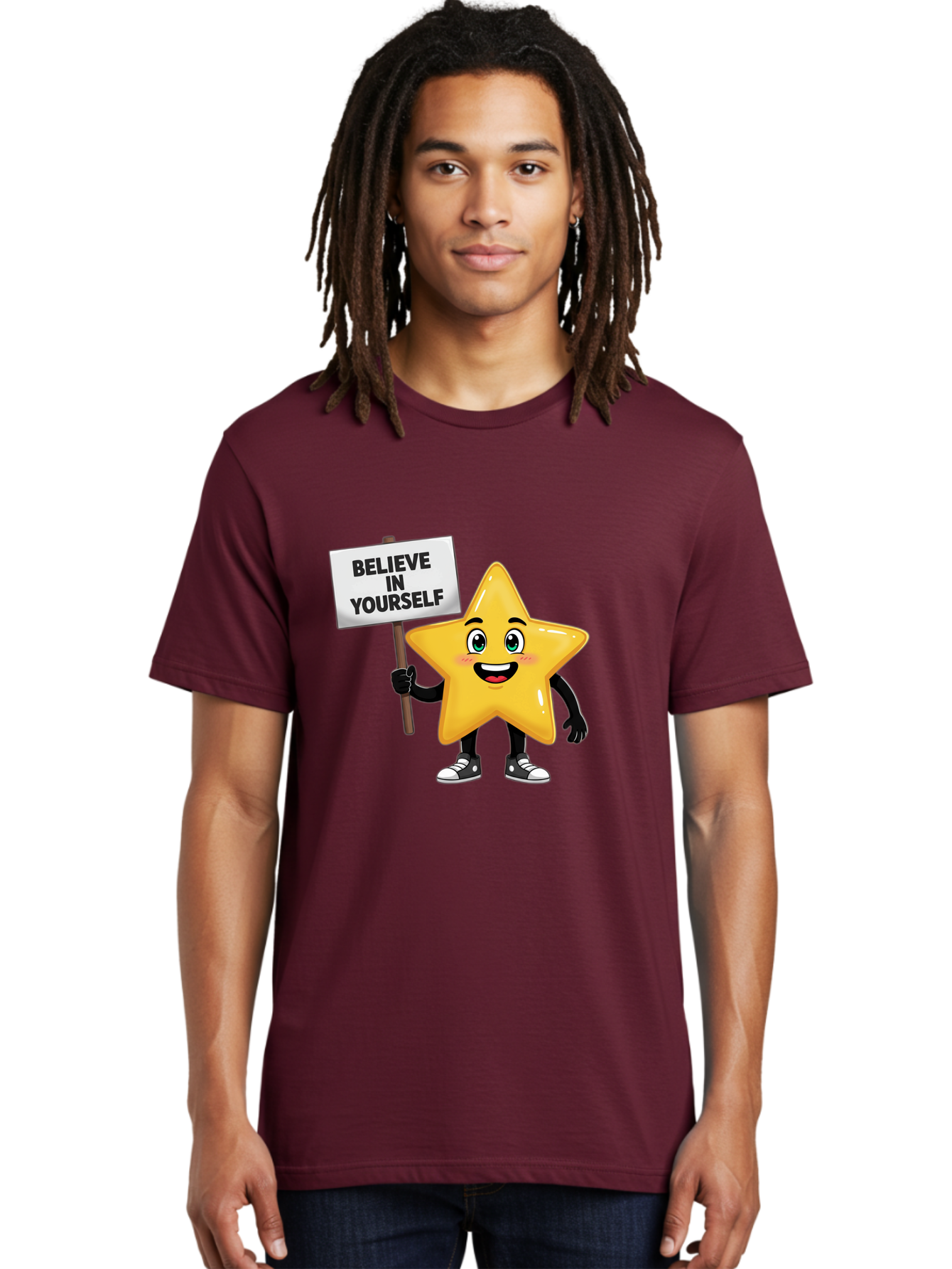Believe-In-Yourself-7 Men'S Graphic Tee, 100% Cotton, Comfortable Casual Summer Wear, Machine Washable, Motivational Star, Positive Affirmation, Believe In Yourself, Inspirational Quote, Cartoon Character, Yellow Star, Motivational Message, Bae133