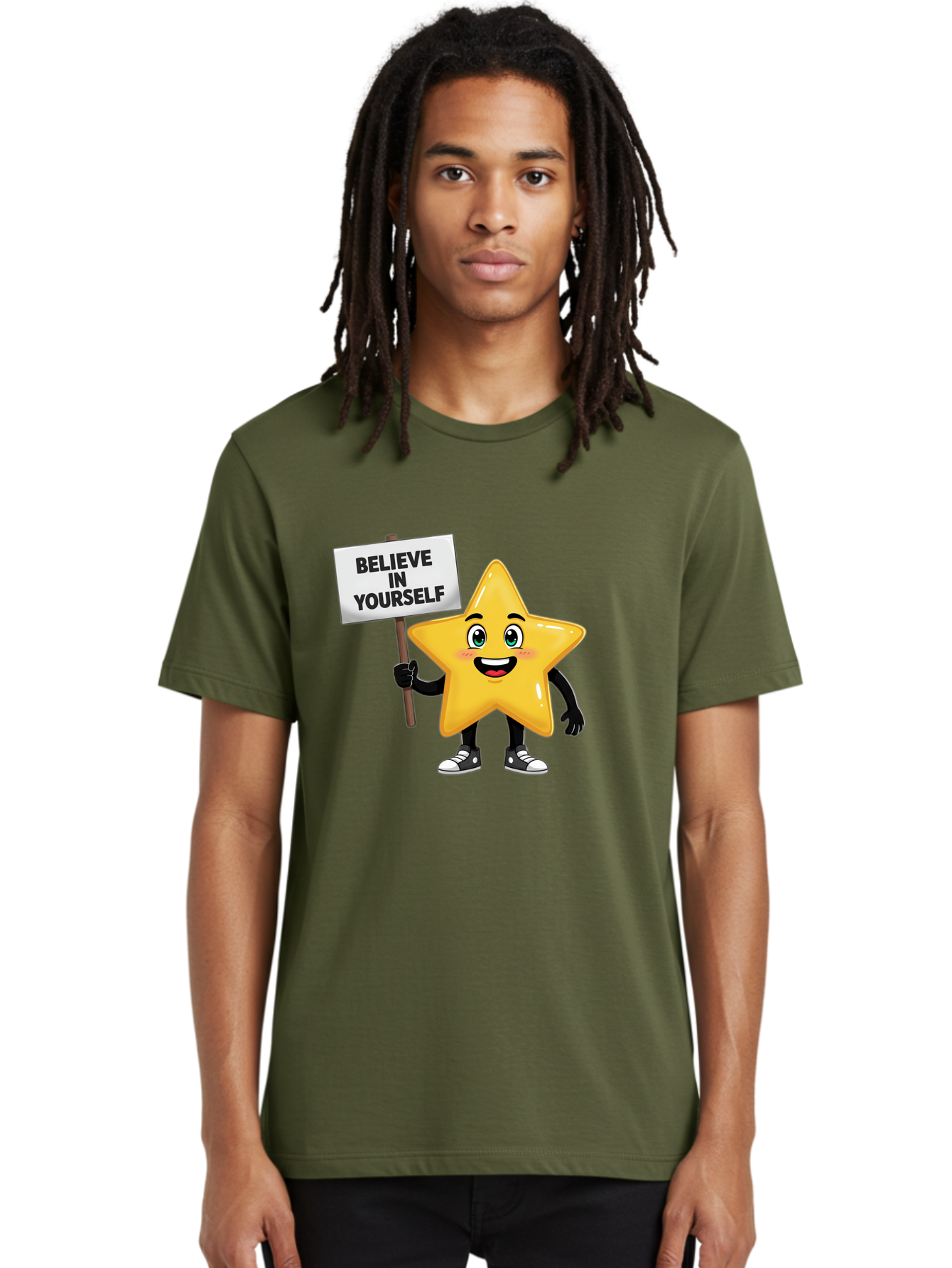 Believe-In-Yourself-7 Men'S Graphic Tee, 100% Cotton, Comfortable Casual Summer Wear, Machine Washable, Motivational Star, Positive Affirmation, Believe In Yourself, Inspirational Quote, Cartoon Character, Yellow Star, Motivational Message, Bae133