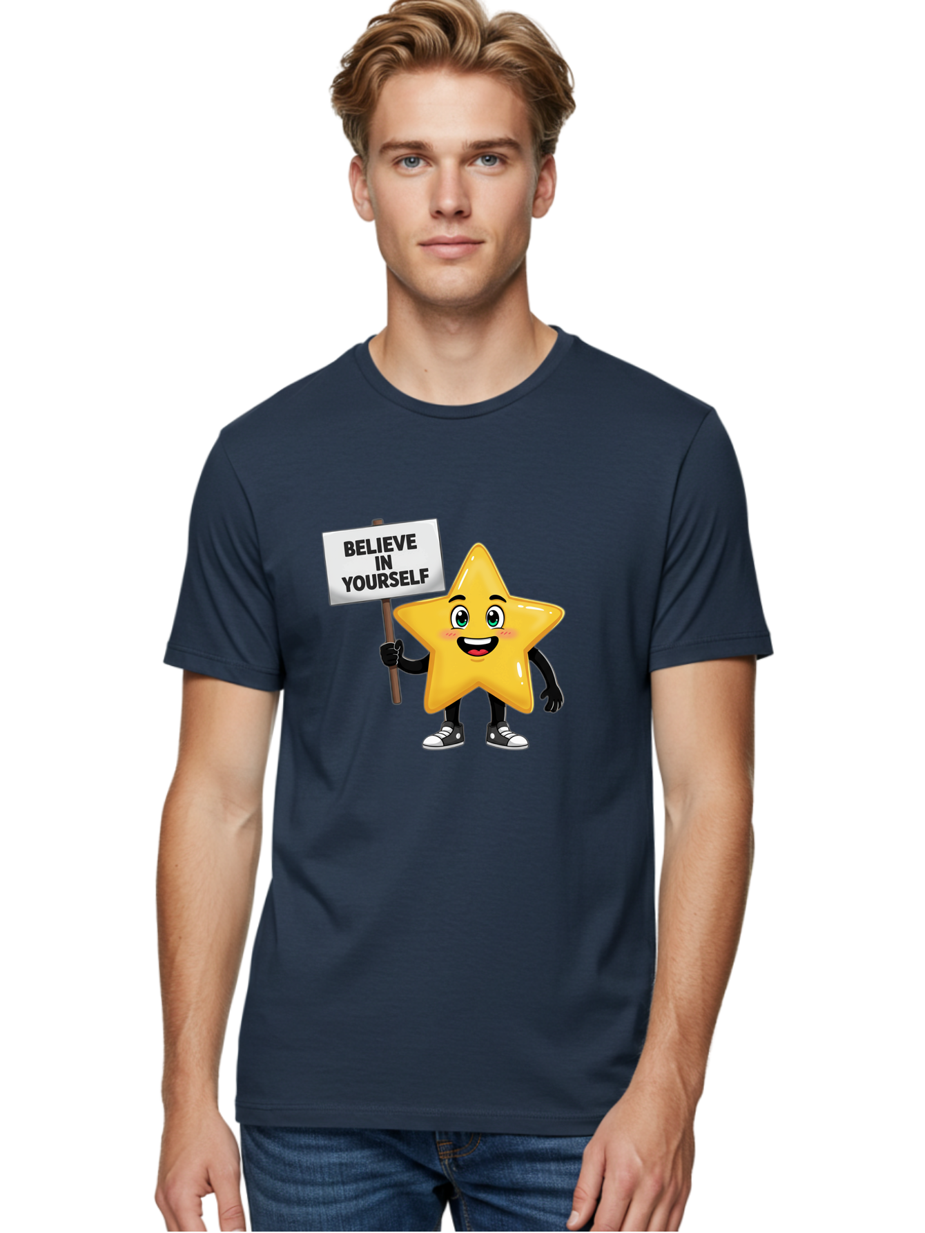 Believe-In-Yourself-7 Men'S Graphic Tee, 100% Cotton, Comfortable Casual Summer Wear, Machine Washable, Motivational Star, Positive Affirmation, Believe In Yourself, Inspirational Quote, Cartoon Character, Yellow Star, Motivational Message, Bae133