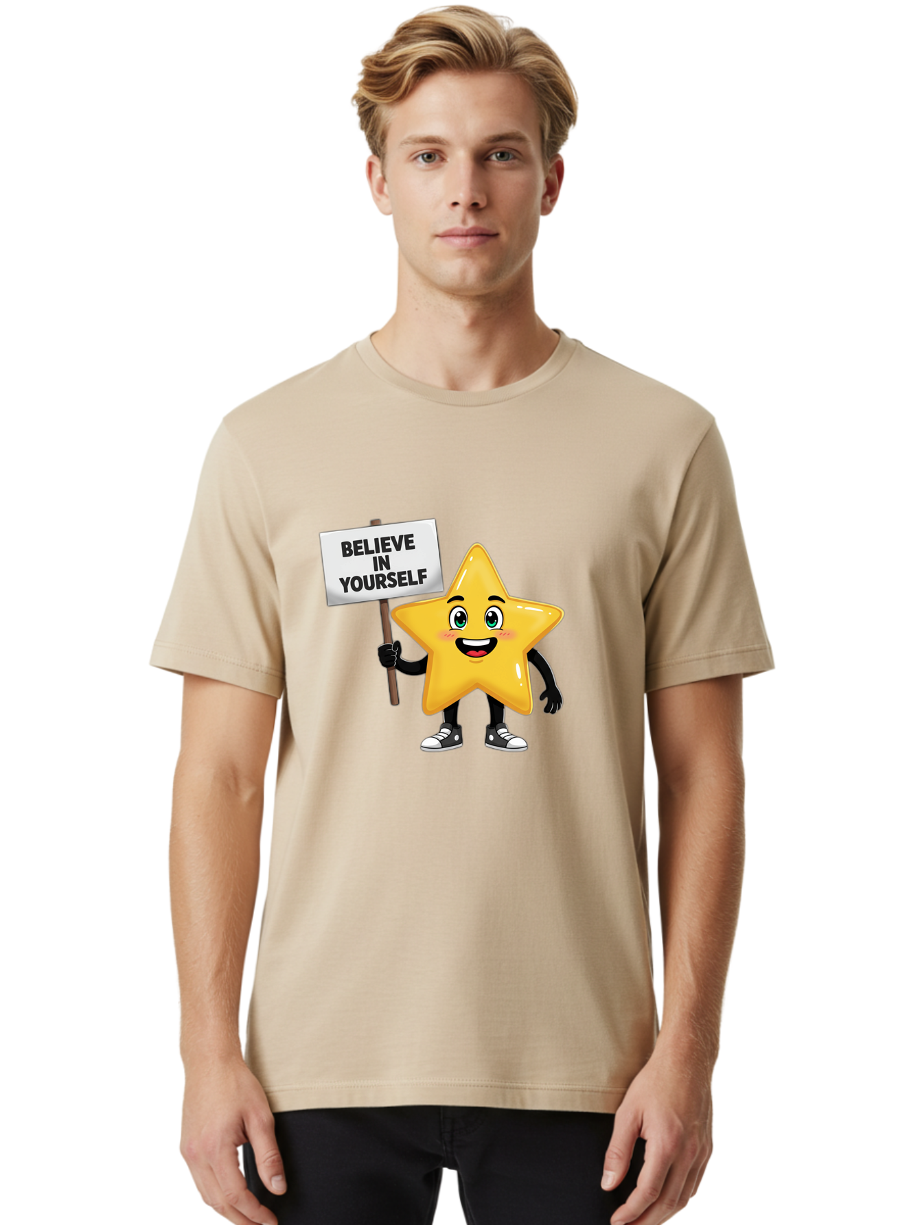 Believe-In-Yourself-7 Men'S Graphic Tee, 100% Cotton, Comfortable Casual Summer Wear, Machine Washable, Motivational Star, Positive Affirmation, Believe In Yourself, Inspirational Quote, Cartoon Character, Yellow Star, Motivational Message, Bae133