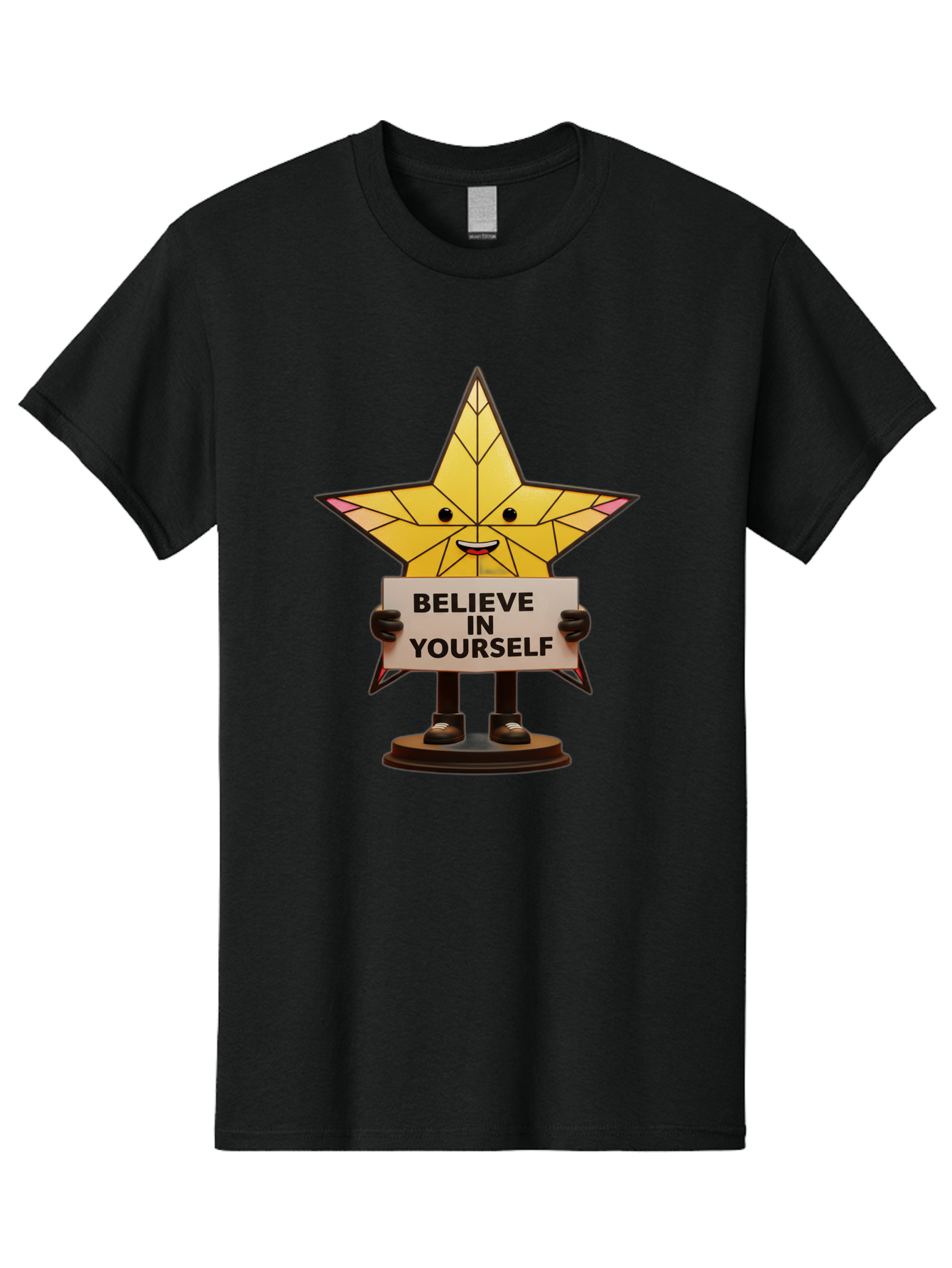 Believe-In-Yourself-8 Men'S Graphic Tee, 100% Cotton, Comfortable Casual Summer Wear, Machine Washable, Motivational Star, Inspirational Quote, Self-Belief, Positive Vibes, Cartoon Character, Yellow Star, Uplifting Message, Encouragement, Bae134
