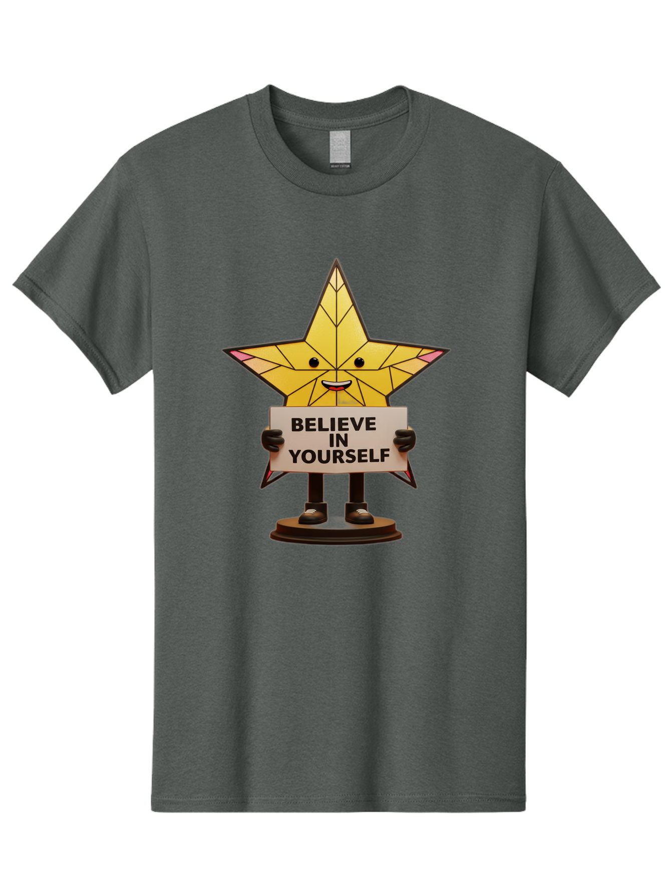 Believe-In-Yourself-8 Men'S Graphic Tee, 100% Cotton, Comfortable Casual Summer Wear, Machine Washable, Motivational Star, Inspirational Quote, Self-Belief, Positive Vibes, Cartoon Character, Yellow Star, Uplifting Message, Encouragement, Bae134