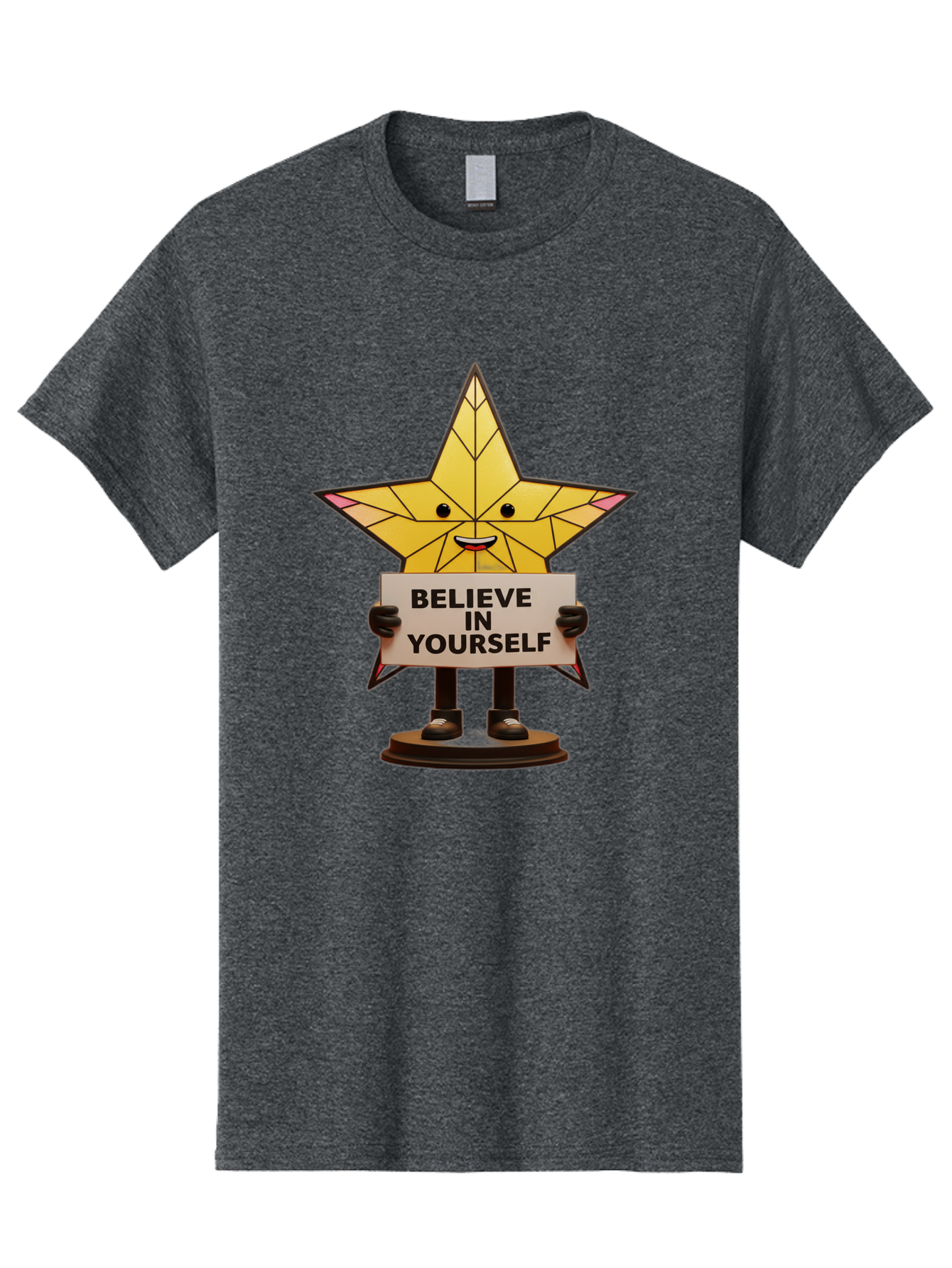 Believe-In-Yourself-8 Men'S Graphic Tee, 100% Cotton, Comfortable Casual Summer Wear, Machine Washable, Motivational Star, Inspirational Quote, Self-Belief, Positive Vibes, Cartoon Character, Yellow Star, Uplifting Message, Encouragement, Bae134