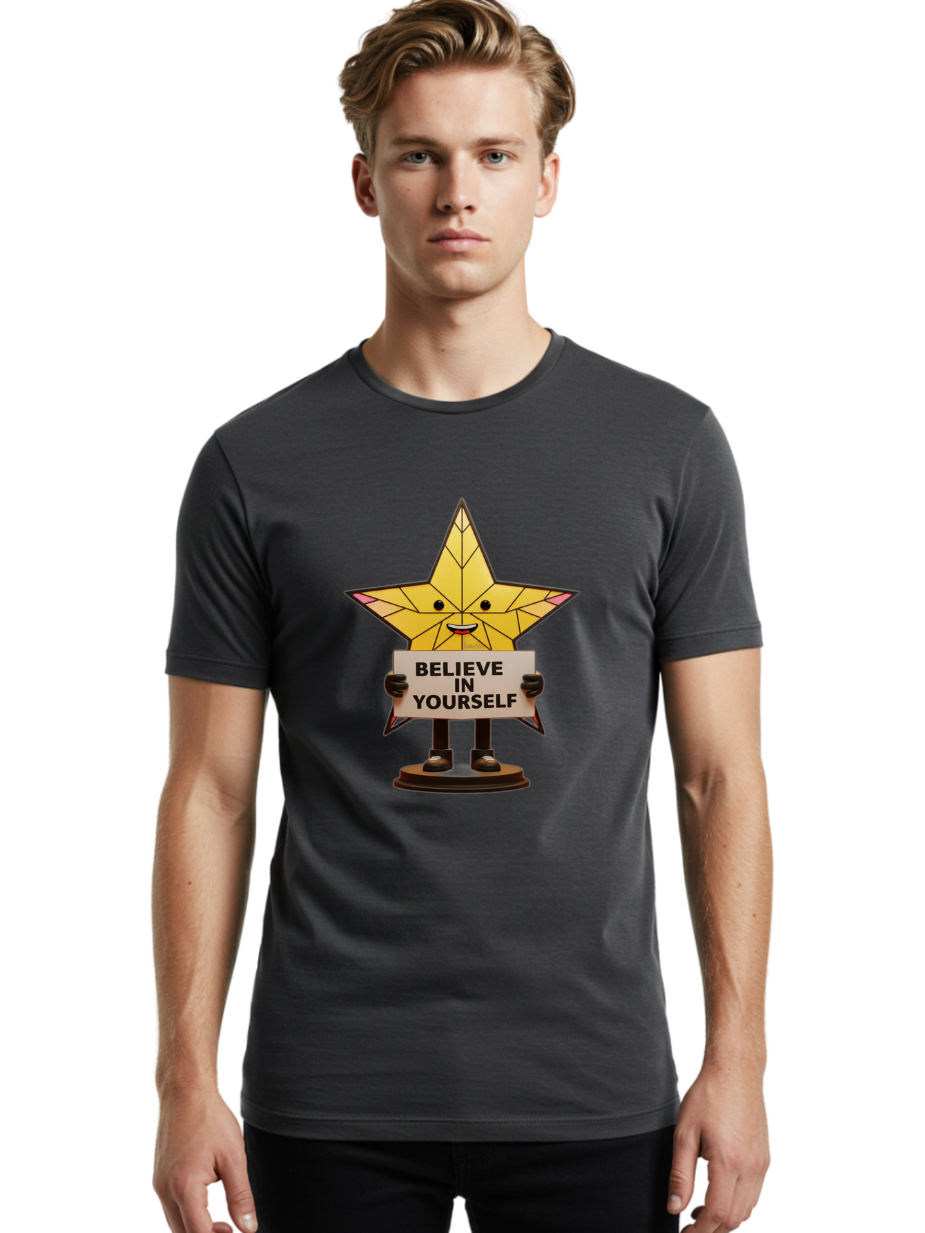 Believe-In-Yourself-8 Men'S Graphic Tee, 100% Cotton, Comfortable Casual Summer Wear, Machine Washable, Motivational Star, Inspirational Quote, Self-Belief, Positive Vibes, Cartoon Character, Yellow Star, Uplifting Message, Encouragement, Bae134
