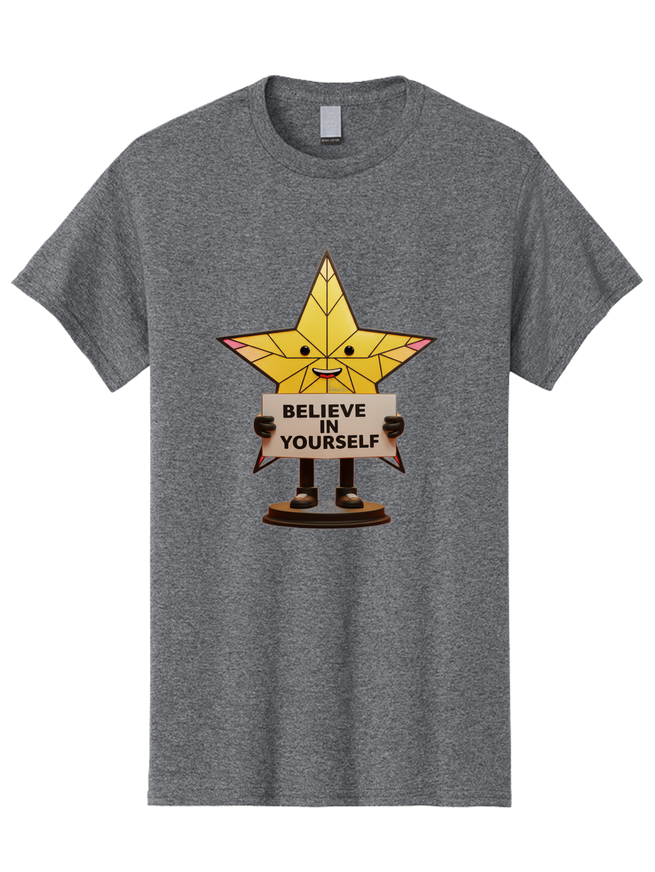 Believe-In-Yourself-8 Men'S Graphic Tee, 100% Cotton, Comfortable Casual Summer Wear, Machine Washable, Motivational Star, Inspirational Quote, Self-Belief, Positive Vibes, Cartoon Character, Yellow Star, Uplifting Message, Encouragement, Bae134