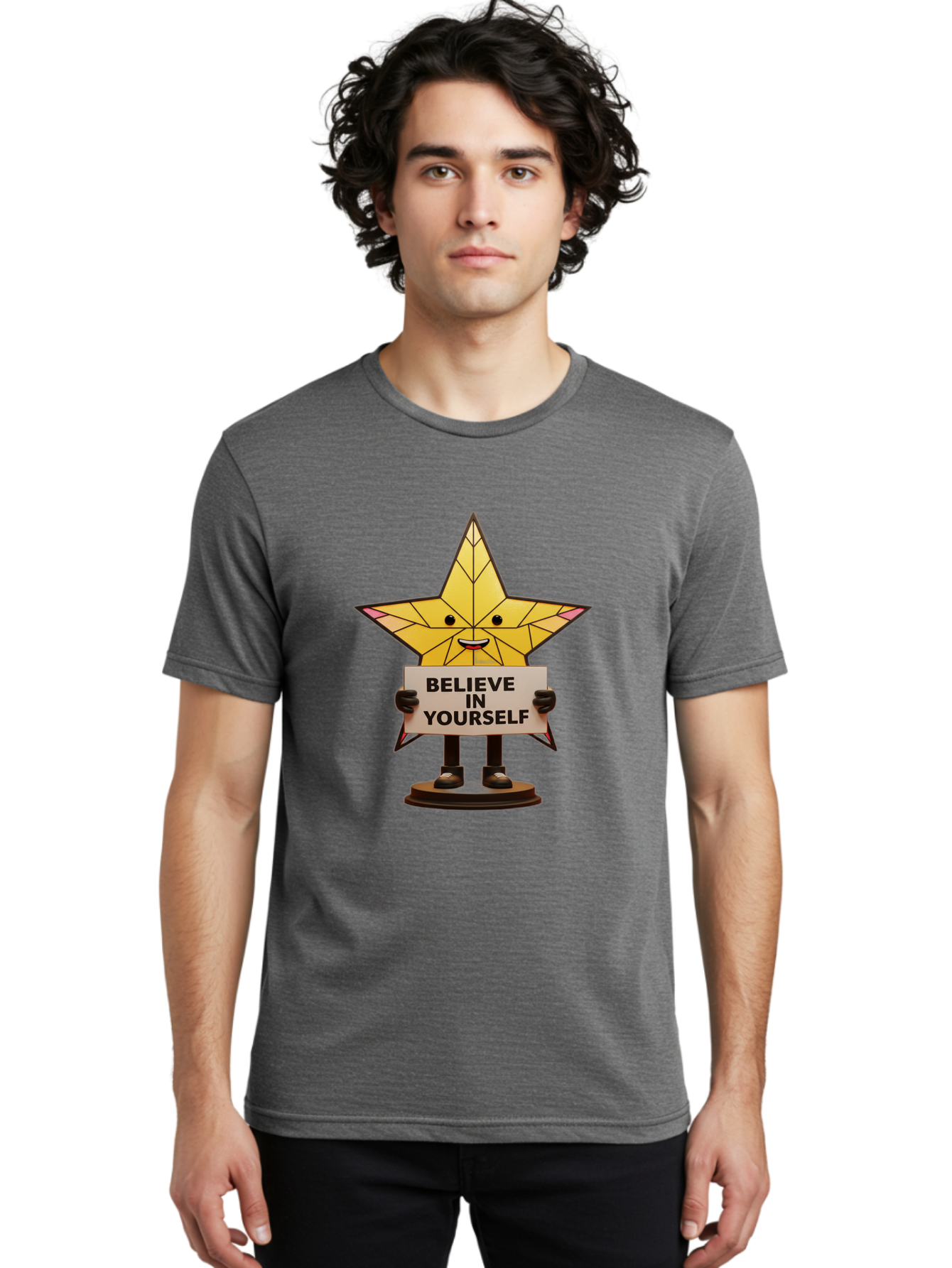 Believe-In-Yourself-8 Men'S Graphic Tee, 100% Cotton, Comfortable Casual Summer Wear, Machine Washable, Motivational Star, Inspirational Quote, Self-Belief, Positive Vibes, Cartoon Character, Yellow Star, Uplifting Message, Encouragement, Bae134