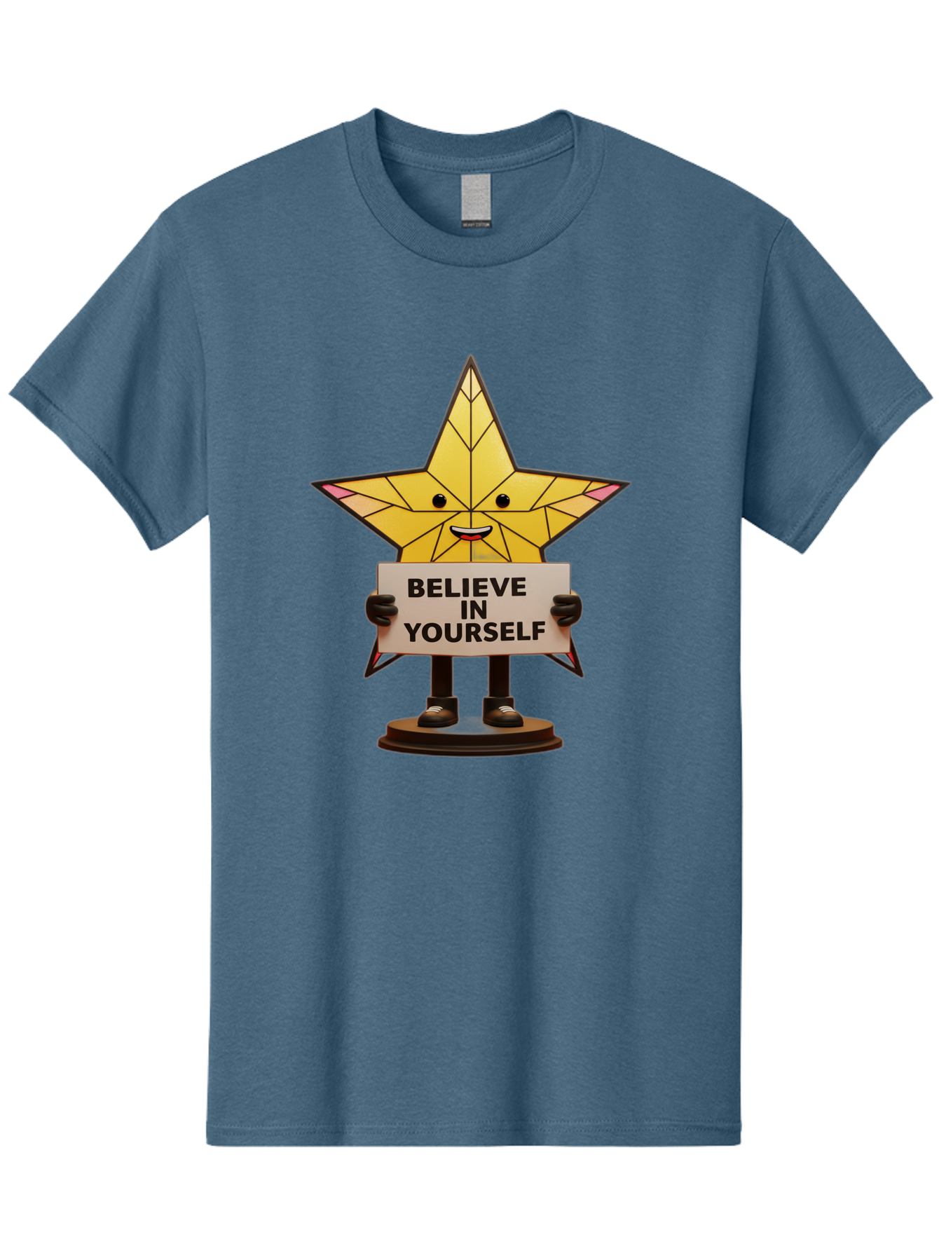 Believe-In-Yourself-8 Men'S Graphic Tee, 100% Cotton, Comfortable Casual Summer Wear, Machine Washable, Motivational Star, Inspirational Quote, Self-Belief, Positive Vibes, Cartoon Character, Yellow Star, Uplifting Message, Encouragement, Bae134