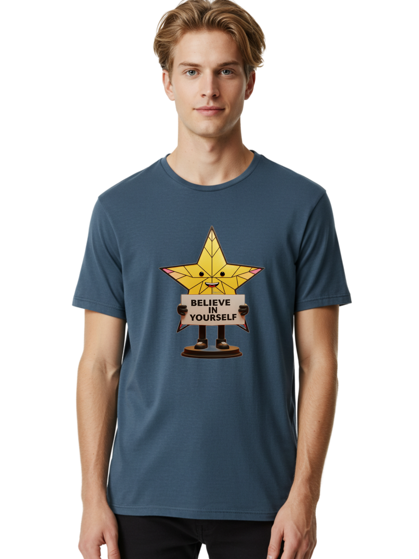 Believe-In-Yourself-8 Men'S Graphic Tee, 100% Cotton, Comfortable Casual Summer Wear, Machine Washable, Motivational Star, Inspirational Quote, Self-Belief, Positive Vibes, Cartoon Character, Yellow Star, Uplifting Message, Encouragement, Bae134