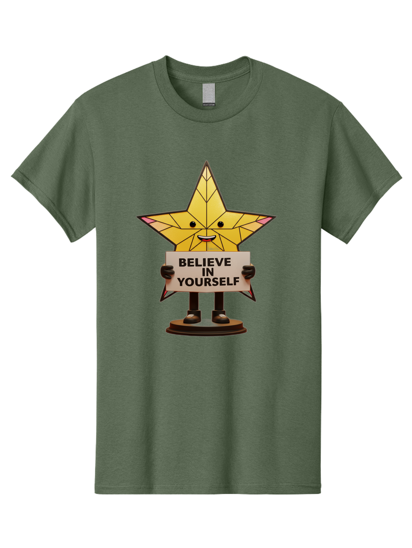 Believe-In-Yourself-8 Men'S Graphic Tee, 100% Cotton, Comfortable Casual Summer Wear, Machine Washable, Motivational Star, Inspirational Quote, Self-Belief, Positive Vibes, Cartoon Character, Yellow Star, Uplifting Message, Encouragement, Bae134