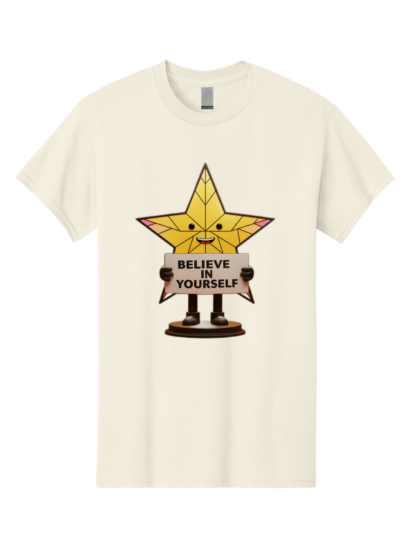 Believe-In-Yourself-8 Men'S Graphic Tee, 100% Cotton, Comfortable Casual Summer Wear, Machine Washable, Motivational Star, Inspirational Quote, Self-Belief, Positive Vibes, Cartoon Character, Yellow Star, Uplifting Message, Encouragement, Bae134