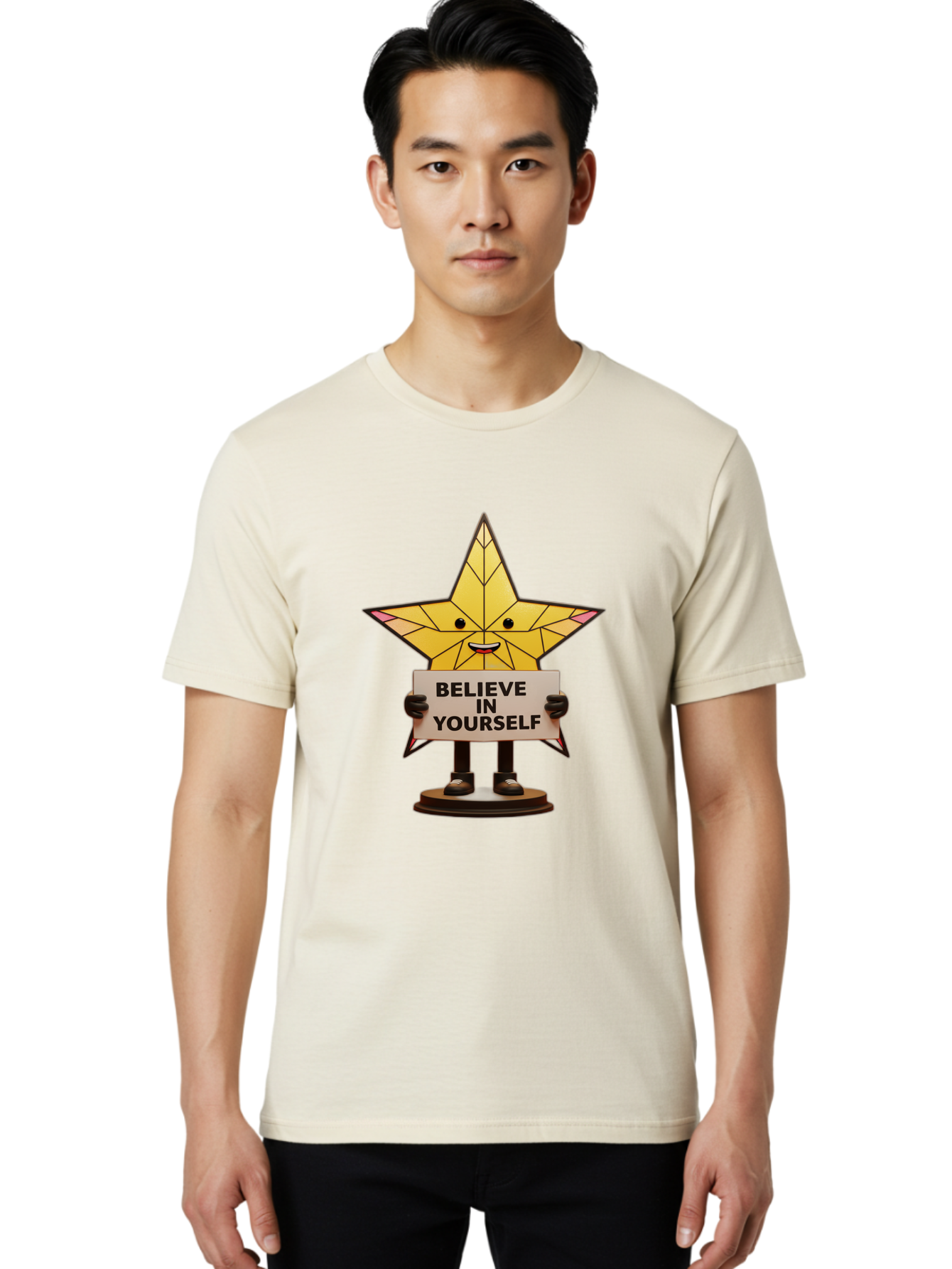 Believe-In-Yourself-8 Men'S Graphic Tee, 100% Cotton, Comfortable Casual Summer Wear, Machine Washable, Motivational Star, Inspirational Quote, Self-Belief, Positive Vibes, Cartoon Character, Yellow Star, Uplifting Message, Encouragement, Bae134