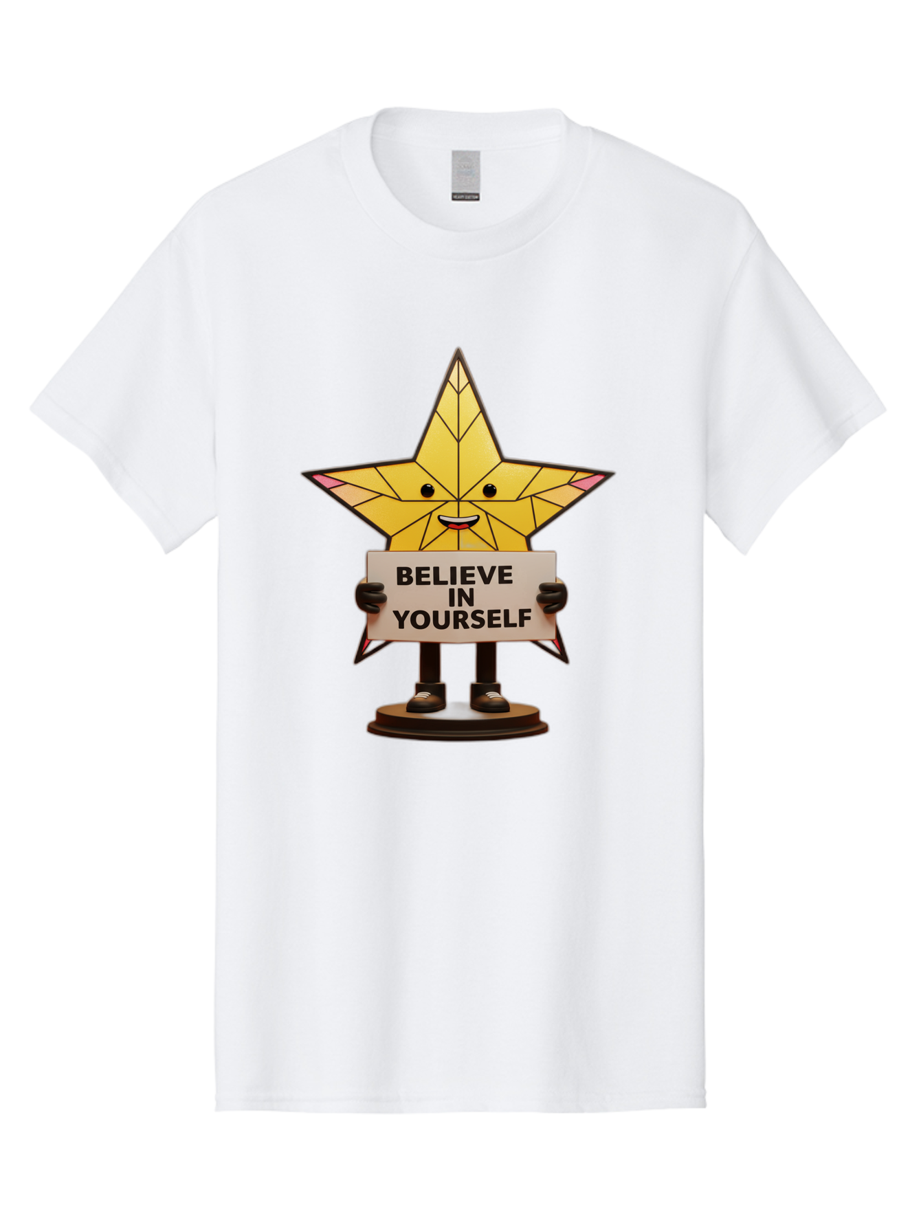 Believe-In-Yourself-8 Men'S Graphic Tee, 100% Cotton, Comfortable Casual Summer Wear, Machine Washable, Motivational Star, Inspirational Quote, Self-Belief, Positive Vibes, Cartoon Character, Yellow Star, Uplifting Message, Encouragement, Bae134