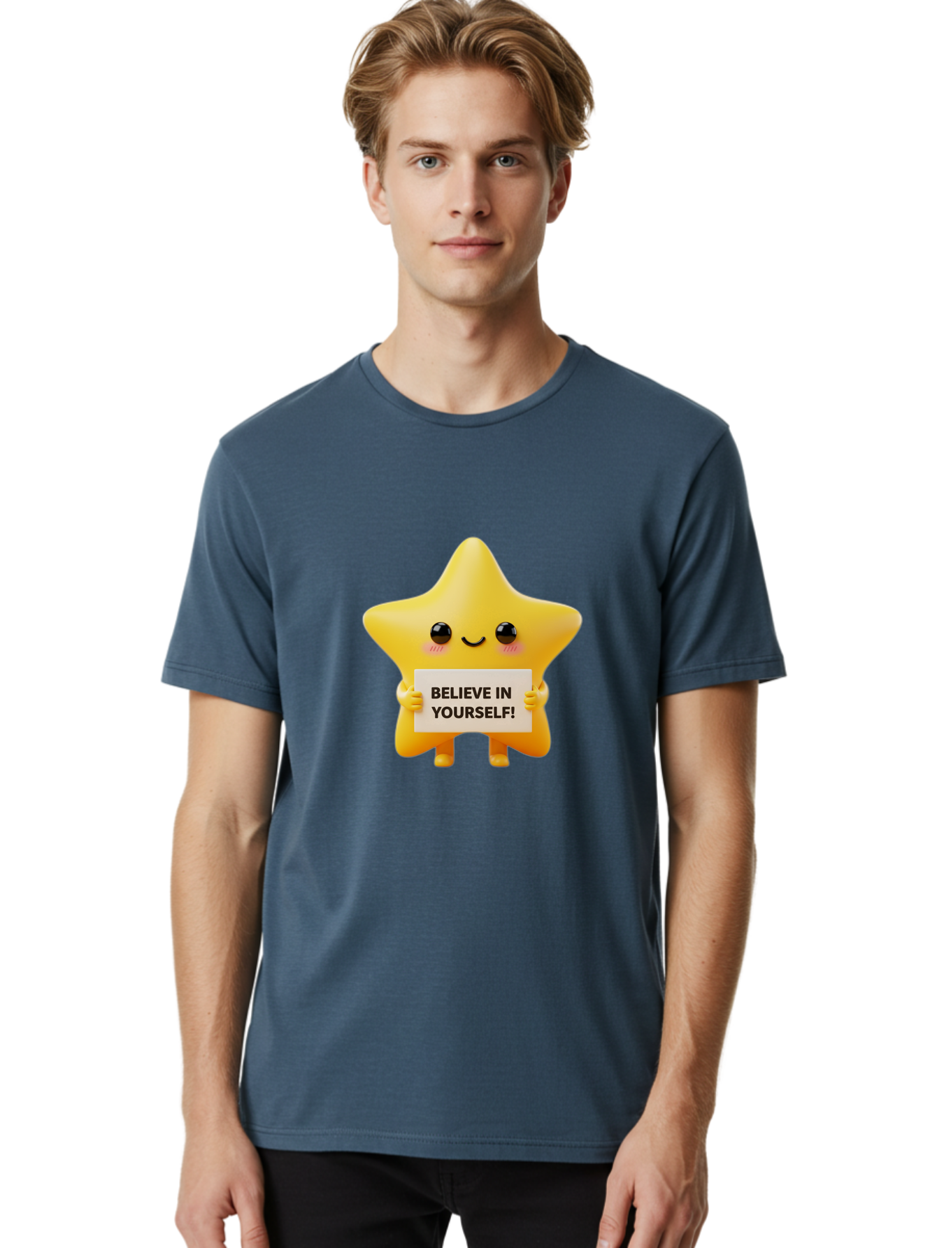 Believe-In-Yourself Men'S Graphic Tee, 100% Cotton, Comfortable Casual Summer Wear, Machine Washable, Cute Star Character, Positive Message, Motivational Quote, Believe In Yourself, Inspirational Graphic, Self-Confidence, Encouragement Bae136