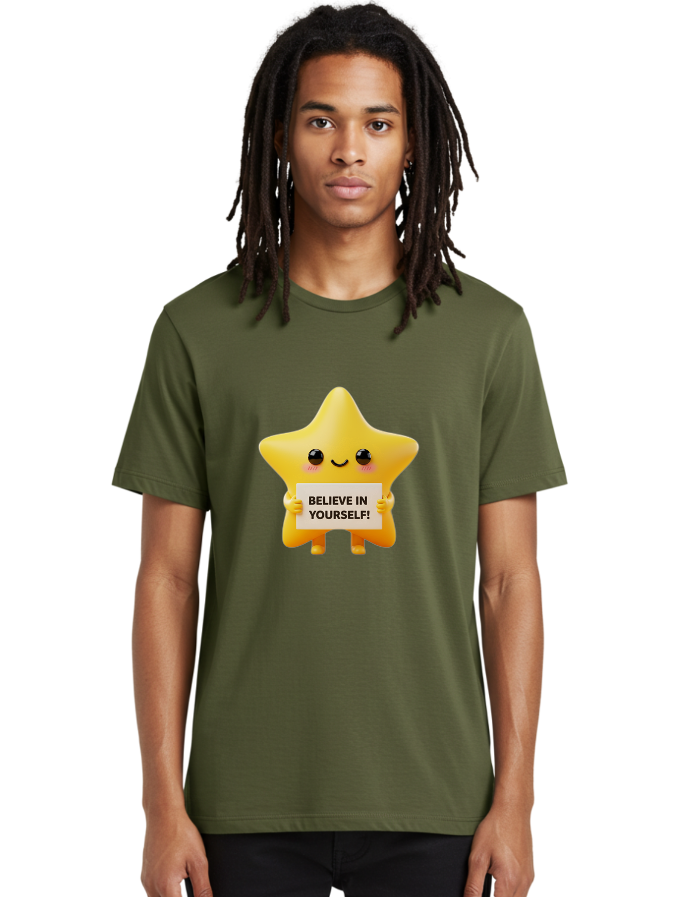 Believe-In-Yourself Men'S Graphic Tee, 100% Cotton, Comfortable Casual Summer Wear, Machine Washable, Cute Star Character, Positive Message, Motivational Quote, Believe In Yourself, Inspirational Graphic, Self-Confidence, Encouragement Bae136