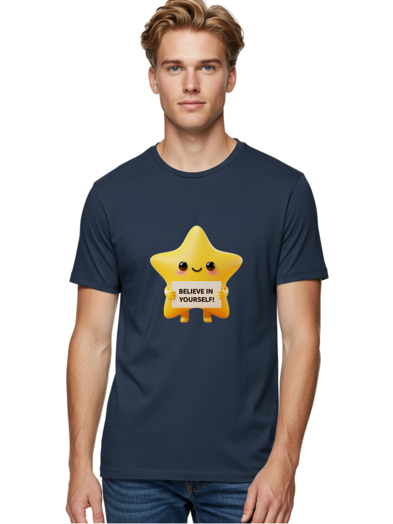 Believe-In-Yourself Men'S Graphic Tee, 100% Cotton, Comfortable Casual Summer Wear, Machine Washable, Cute Star Character, Positive Message, Motivational Quote, Believe In Yourself, Inspirational Graphic, Self-Confidence, Encouragement Bae136
