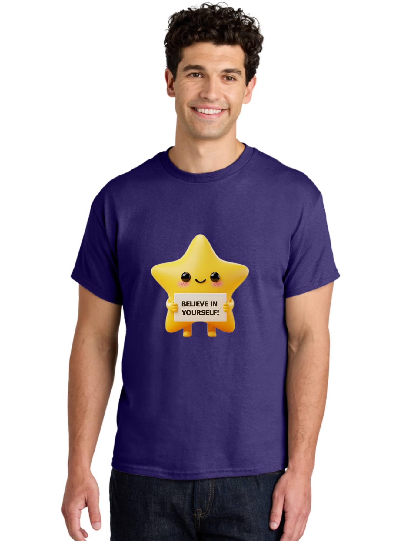 Believe-In-Yourself Men'S Graphic Tee, 100% Cotton, Comfortable Casual Summer Wear, Machine Washable, Cute Star Character, Positive Message, Motivational Quote, Believe In Yourself, Inspirational Graphic, Self-Confidence, Encouragement Bae136
