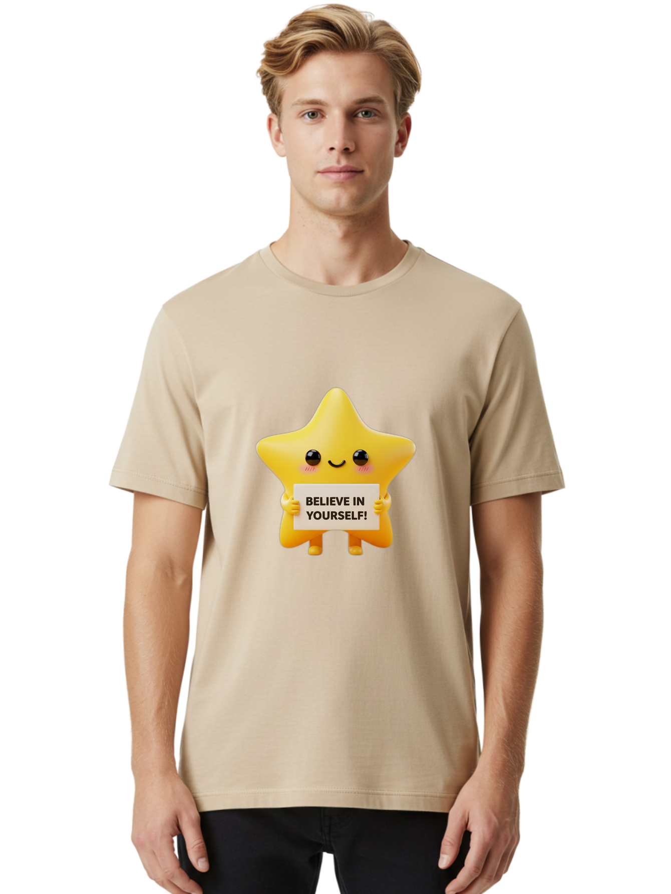 Believe-In-Yourself Men'S Graphic Tee, 100% Cotton, Comfortable Casual Summer Wear, Machine Washable, Cute Star Character, Positive Message, Motivational Quote, Believe In Yourself, Inspirational Graphic, Self-Confidence, Encouragement Bae136
