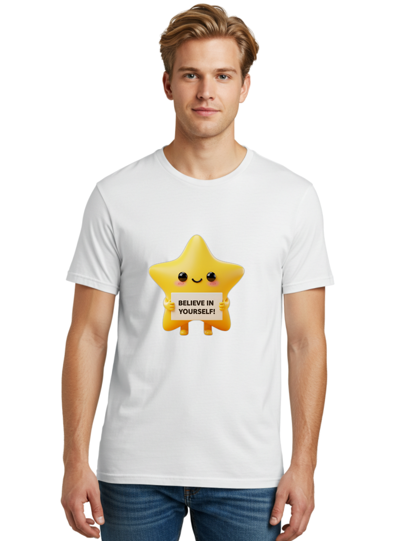 Believe-In-Yourself Men'S Graphic Tee, 100% Cotton, Comfortable Casual Summer Wear, Machine Washable, Cute Star Character, Positive Message, Motivational Quote, Believe In Yourself, Inspirational Graphic, Self-Confidence, Encouragement Bae136