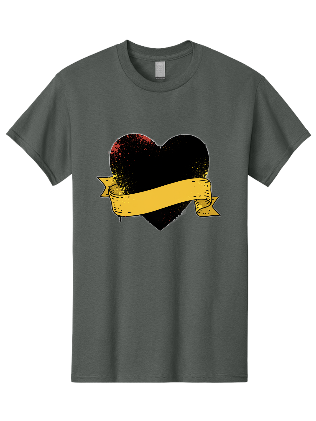 Black-Heart-With-Ribbon-Banner Men'S Graphic Tee, 100% Cotton, Comfortable Casual Summer Wear, Machine Washable, Black Heart, Yellow Ribbon, Grunge Style, Distressed Texture, Grungy Aesthetic, Vintage Design, Bold Graphics, Symbolic Heart, Bae137